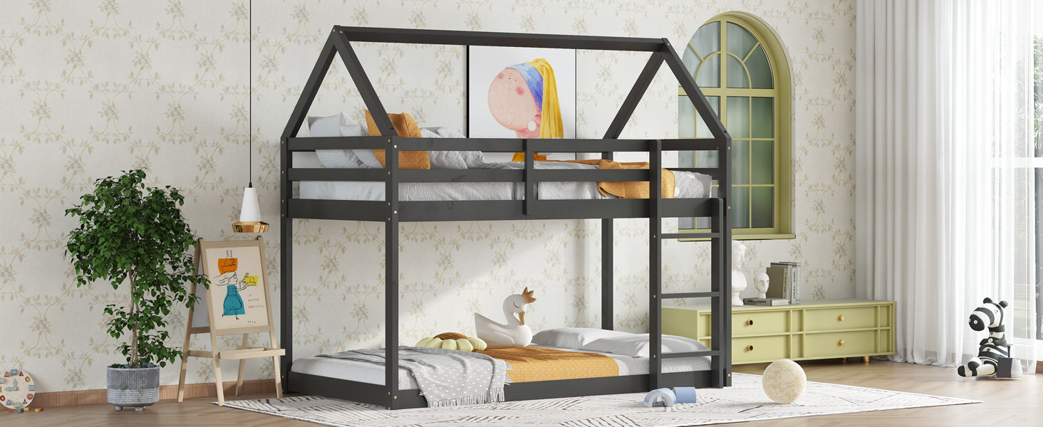 Black Twin Over Twin Rubber Wood Floor Bunk Bed