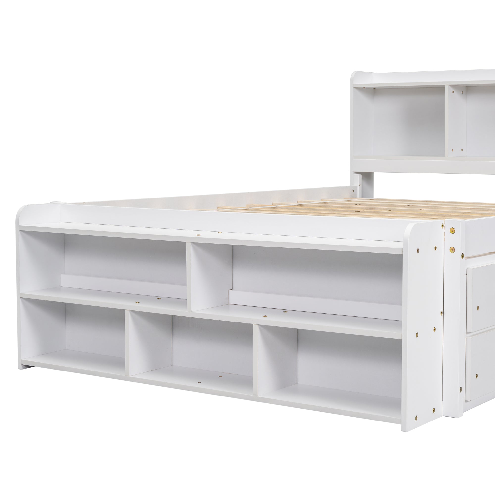 White Full Bed with Bookcase Headboard, Under-Bed Storage Drawers, and Bed-End Storage Case