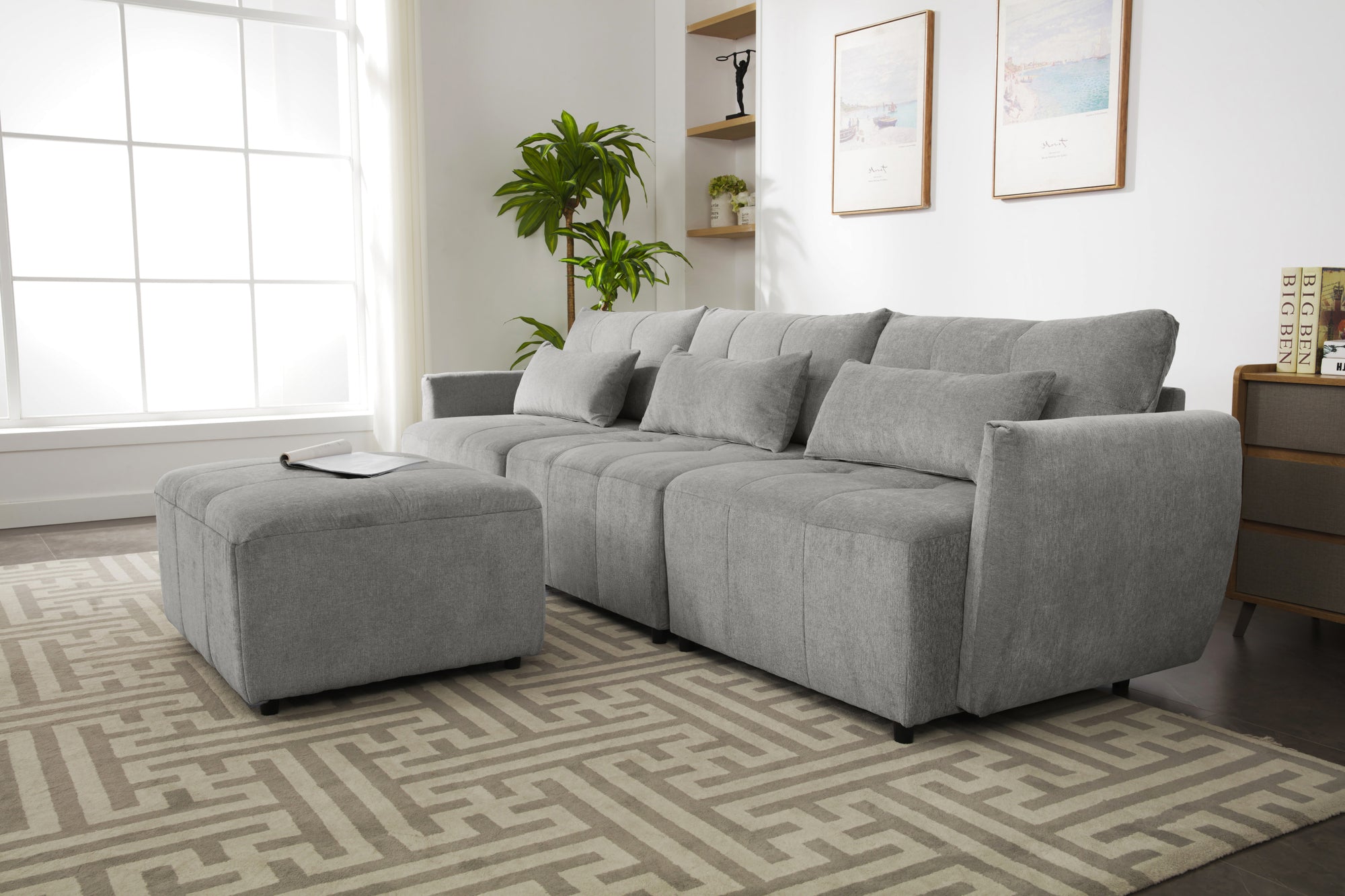 Khartoum Sectional Sofa with Movable Ottoman in Grey Chenille