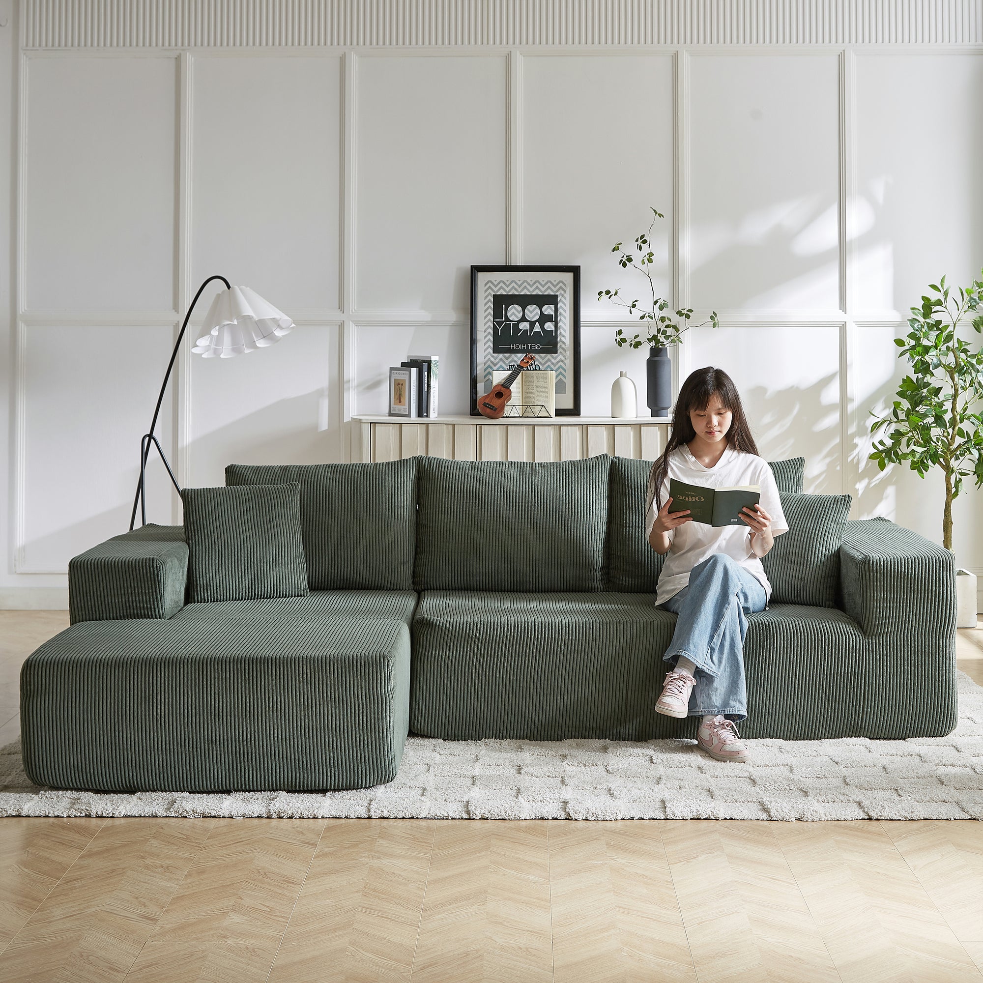 Modern Corduroy Upholstered Modular Sectional Sofa Set With Free Combination Design And Five Pillows In Green