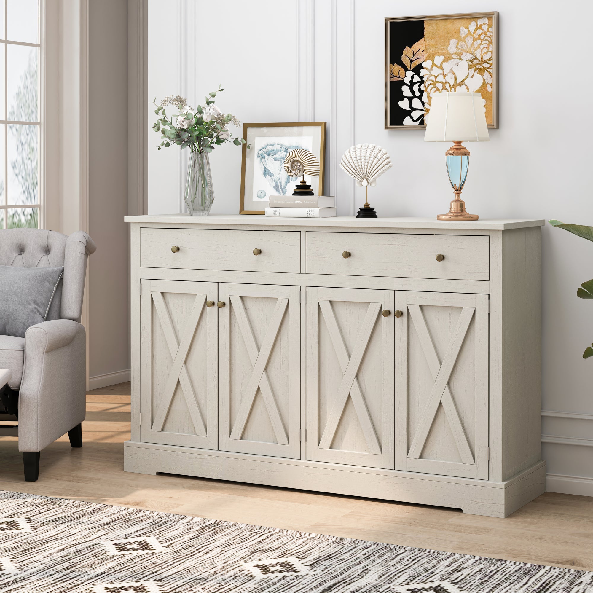 Vintage White Sideboard with Two Drawers and Four Doors for Living Room and Kitchen Storage Cabinet In Vintage White