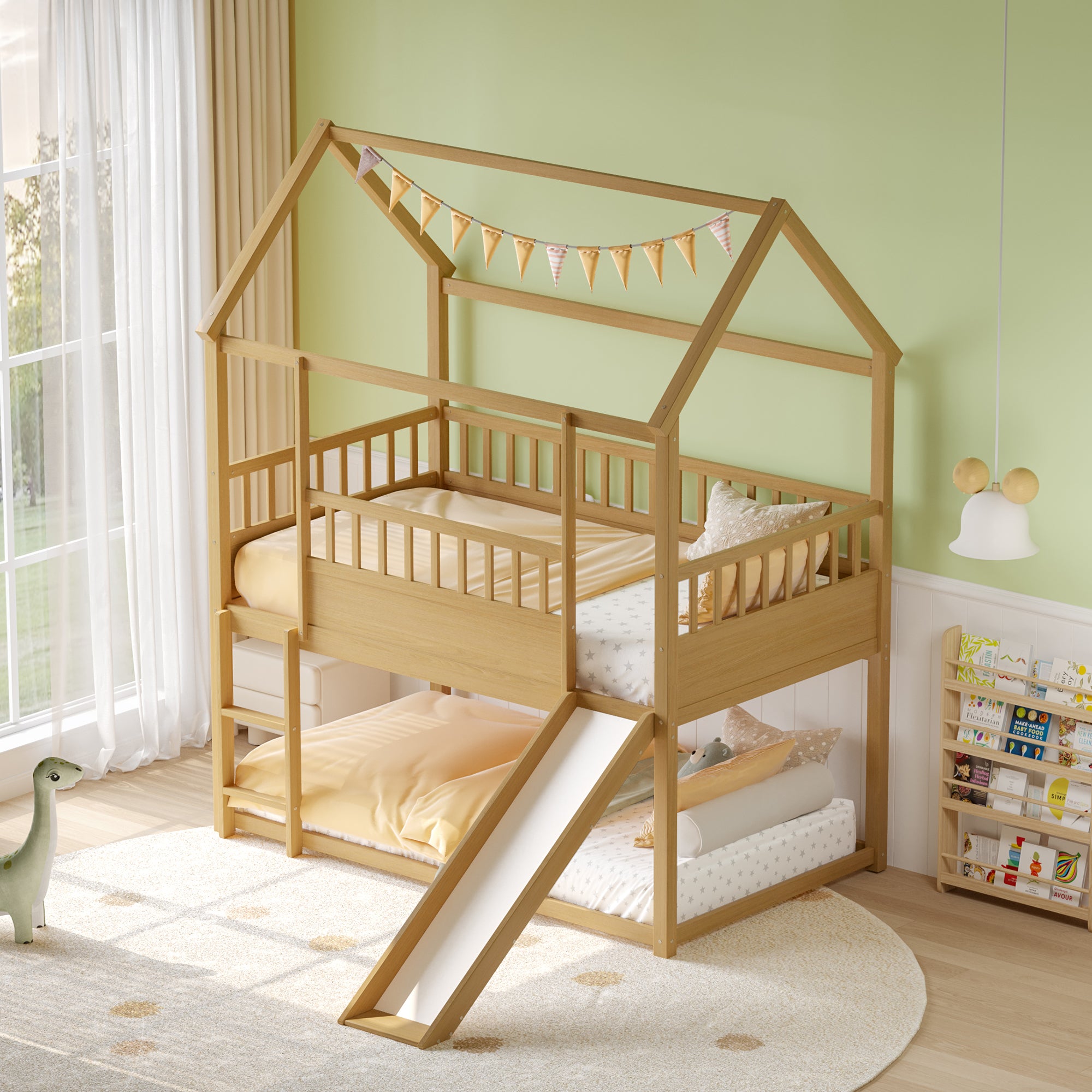 House Bunk Bed with Convertible Slide and Ladder Twin Over Twin Design with Safety Guardrail In Natural Wood