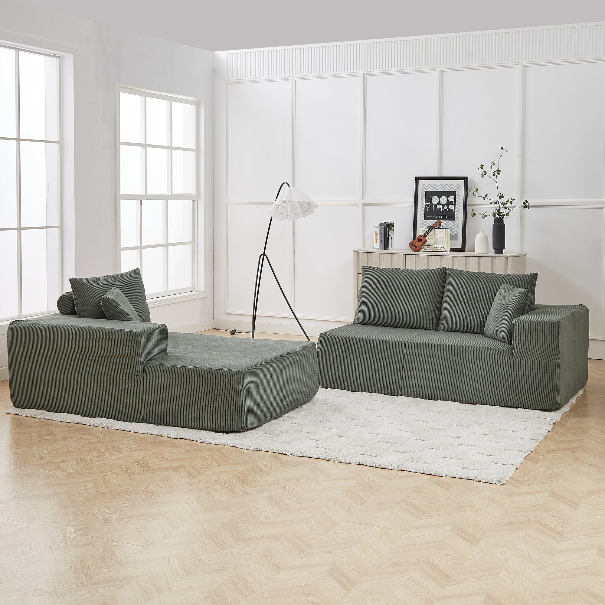 Modern Corduroy Upholstered Modular Sectional Sofa Set With Free Combination Design And Five Pillows In Green