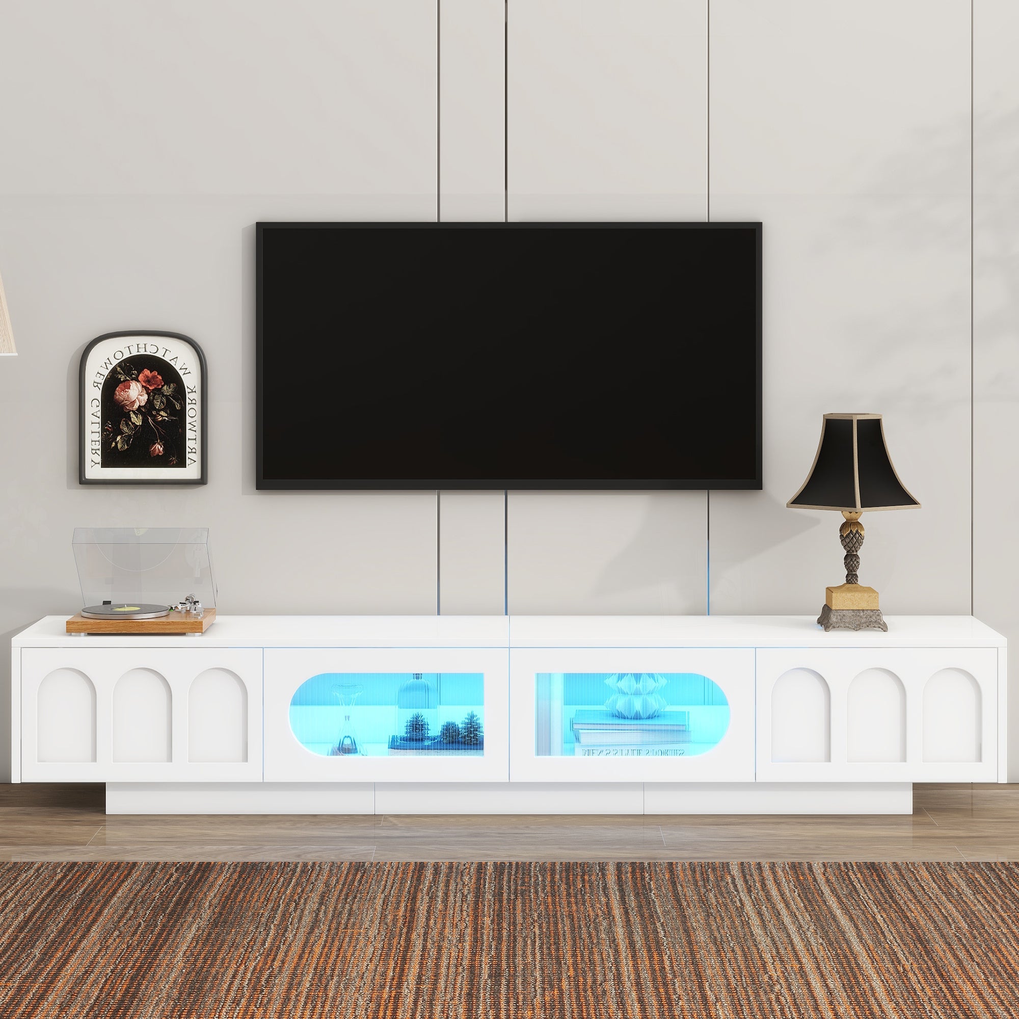 TV Stand with Fluted Glass Doors for TVs Up to 95 Inch Functional Media Console with LED Light In White