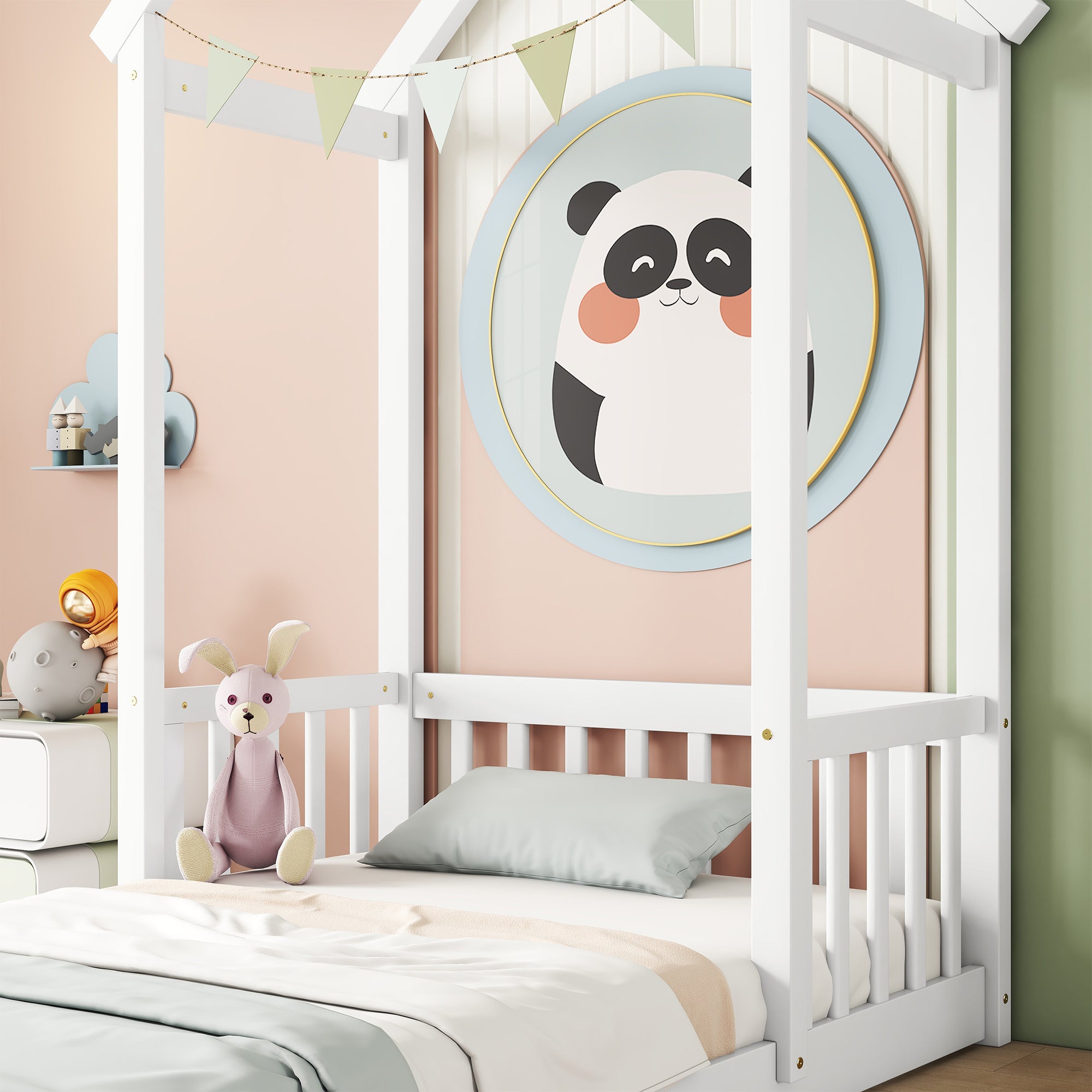 White Twin House-Shaped Roof Headboard Toddler Floor Bed