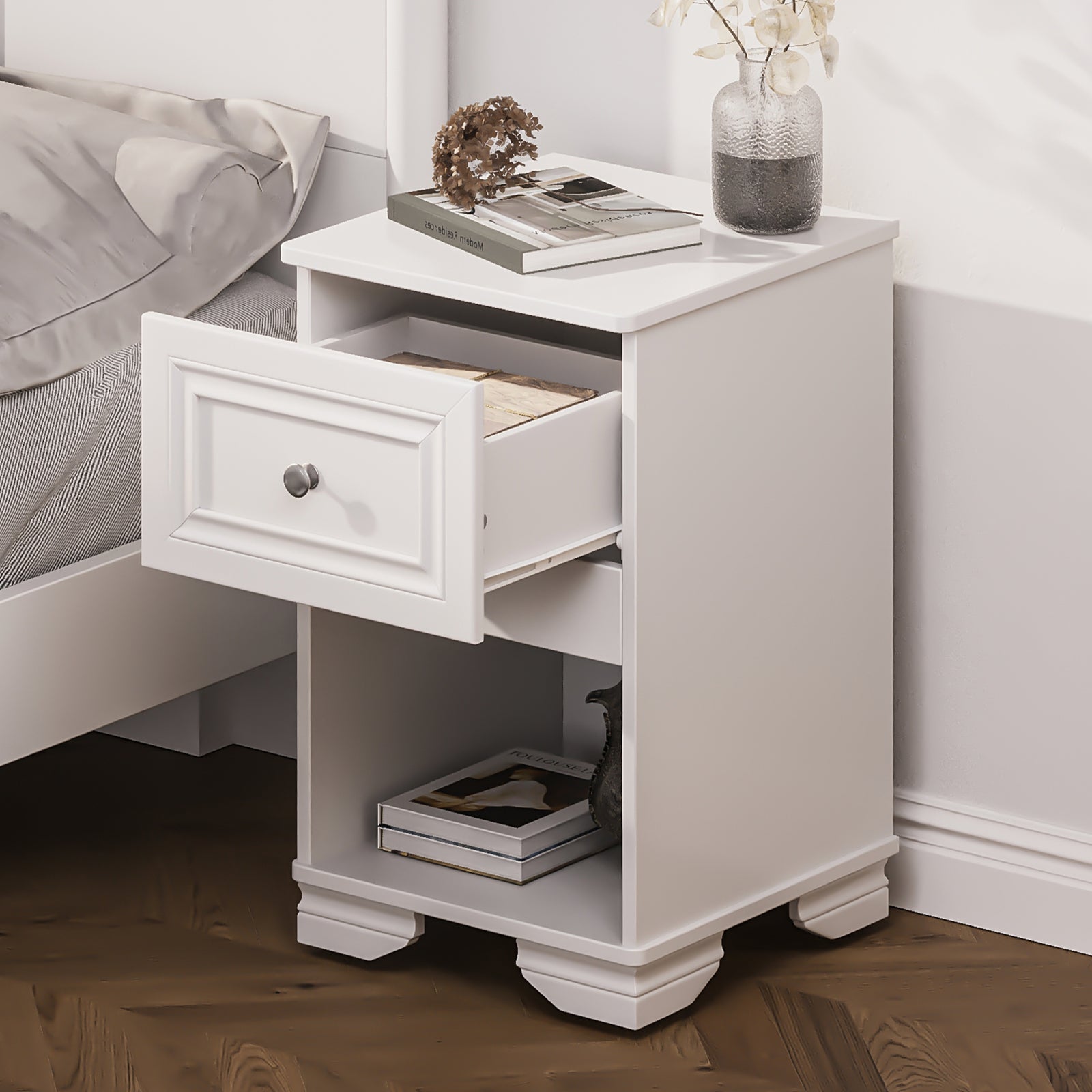 16" Elegant White Nightstand with Drawer & Open Shelf Space