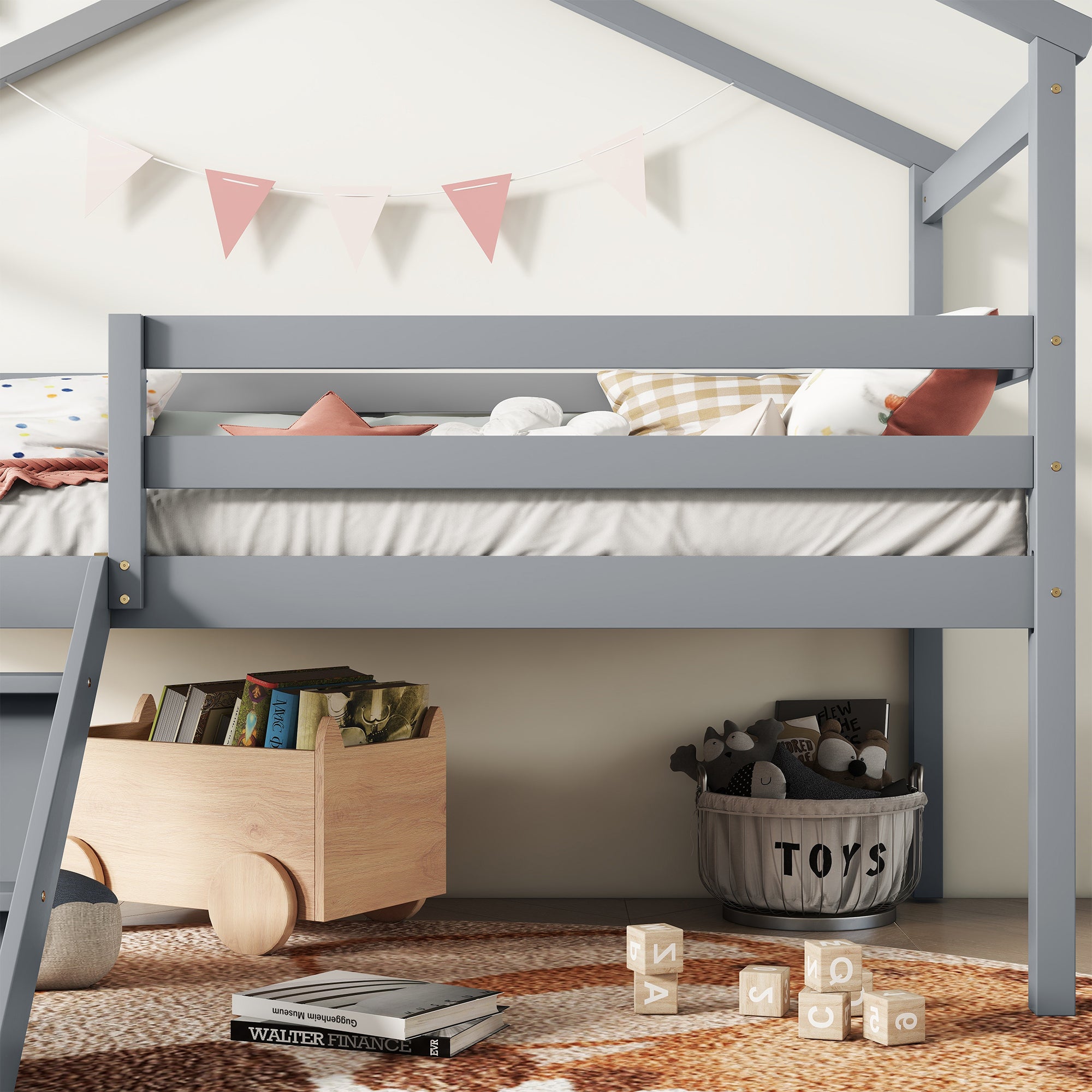 Gray Twin Low Loft House Bed with Slide, Ladder, and Roof Frame