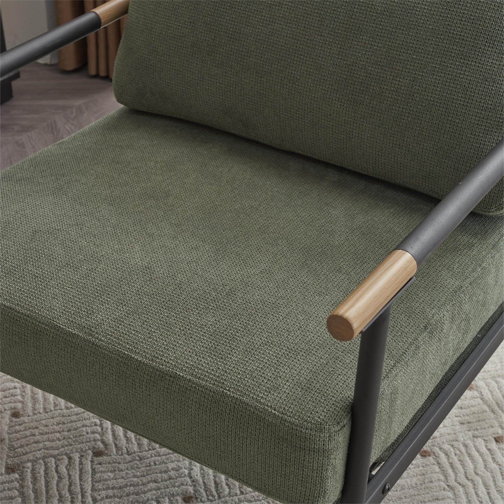 Mid Century Modern Upholstered Lounge Chair In Green Chenille