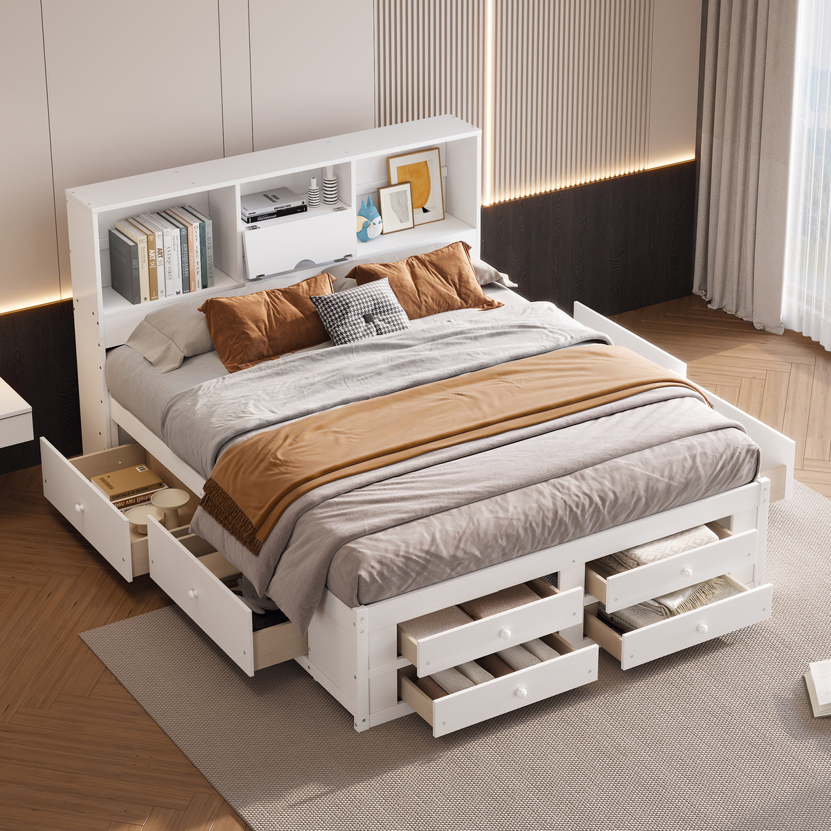 King Size Platform Bed with Storage Headboard and 8 Drawers In White