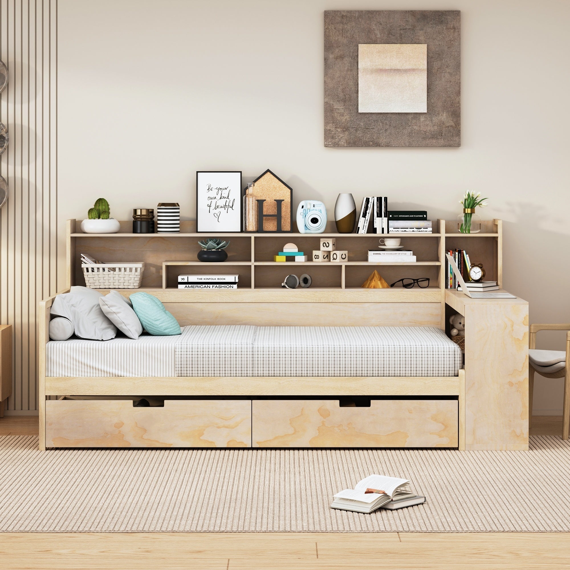 Wooden Twin Size Daybed with Storage Shelves and Study Desk In Natural