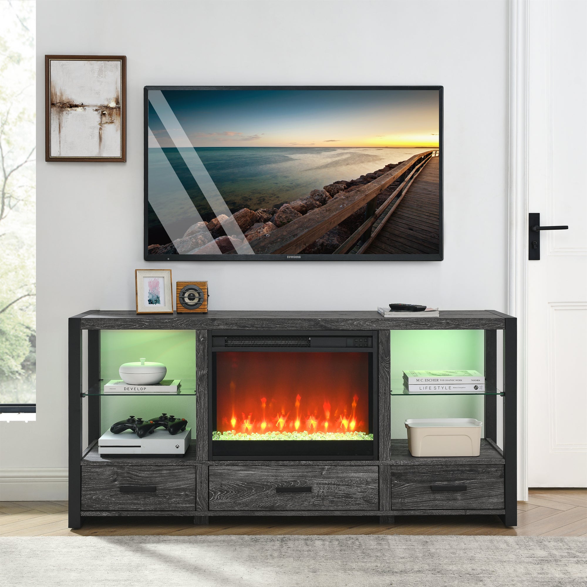 60 Inch Electric Fireplace Media TV Stand With Sync Colorful LED Lights In Dark Rustic Oak Color