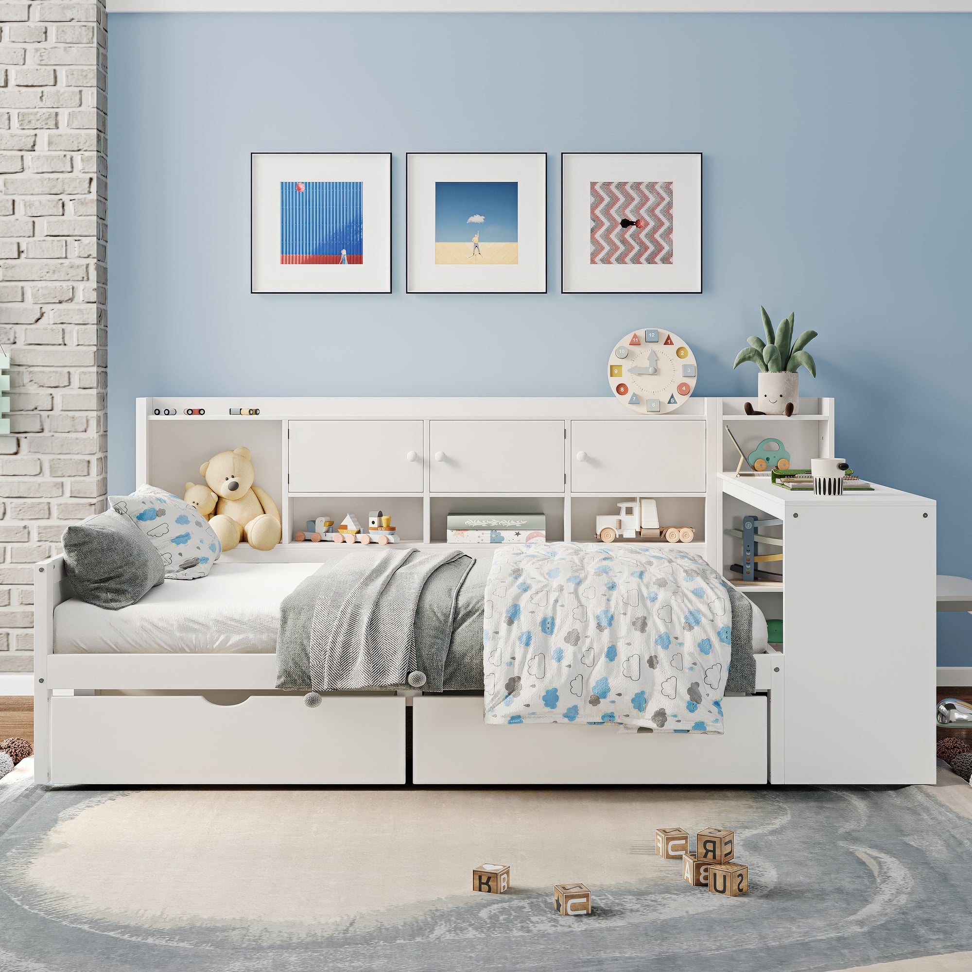 Wooden L-Shape Daybed with Storage Cabinets and Desk In White