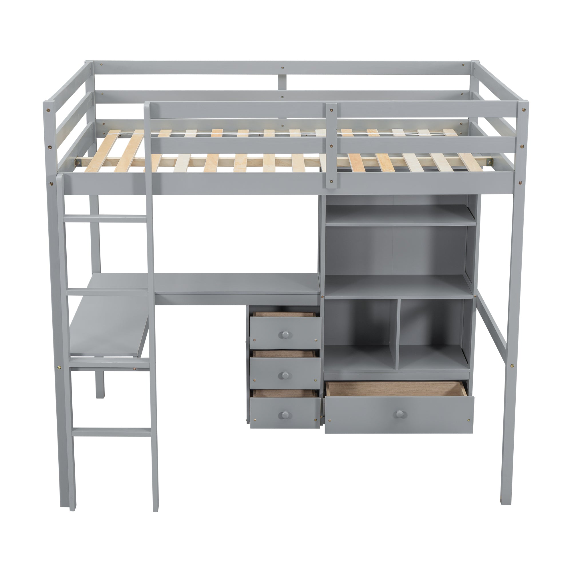 Gray Full Size High Loft Bed with Desk, Storage Shelves, and Drawers