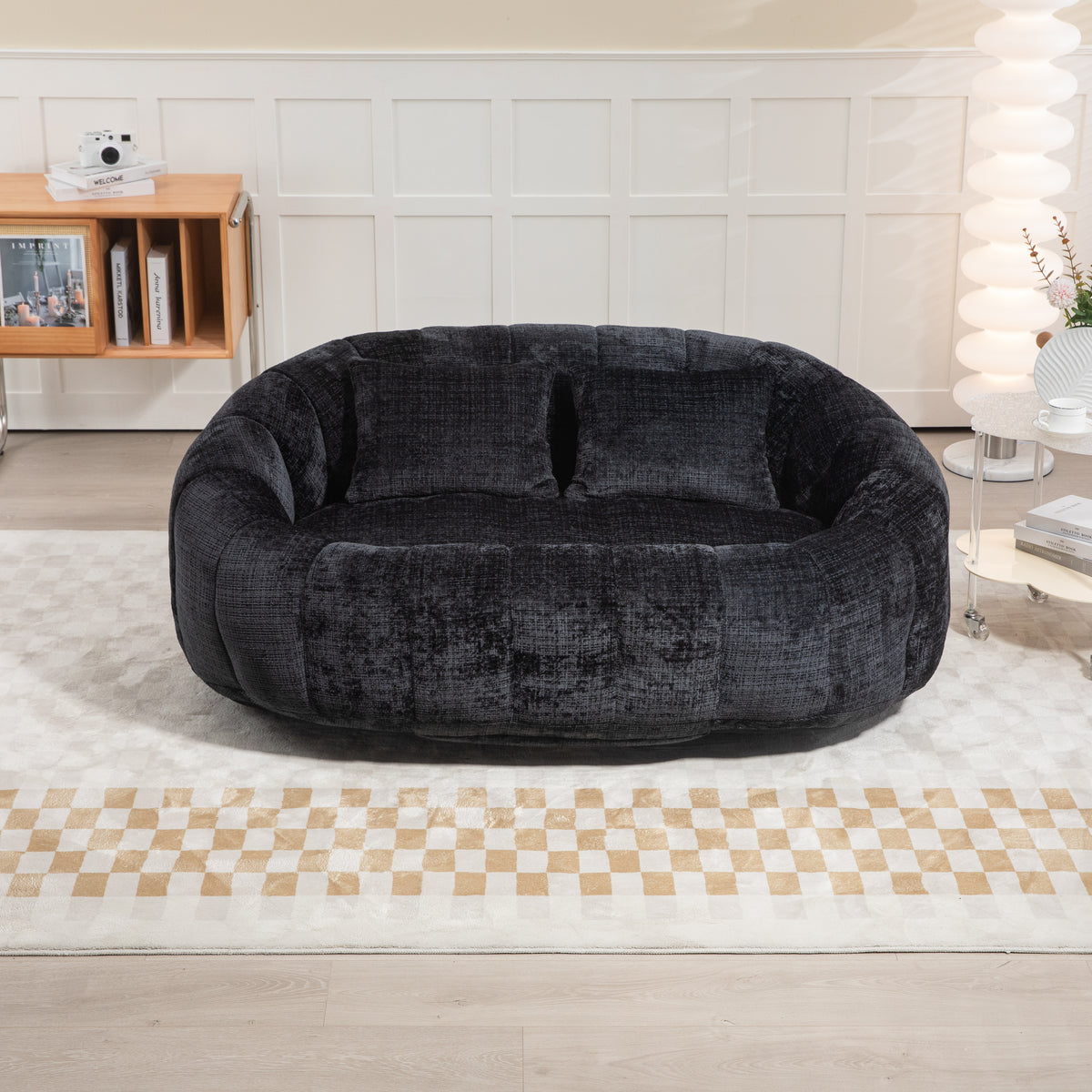 Comfortable High-Back Bean Bag Sofa in Black Chenille