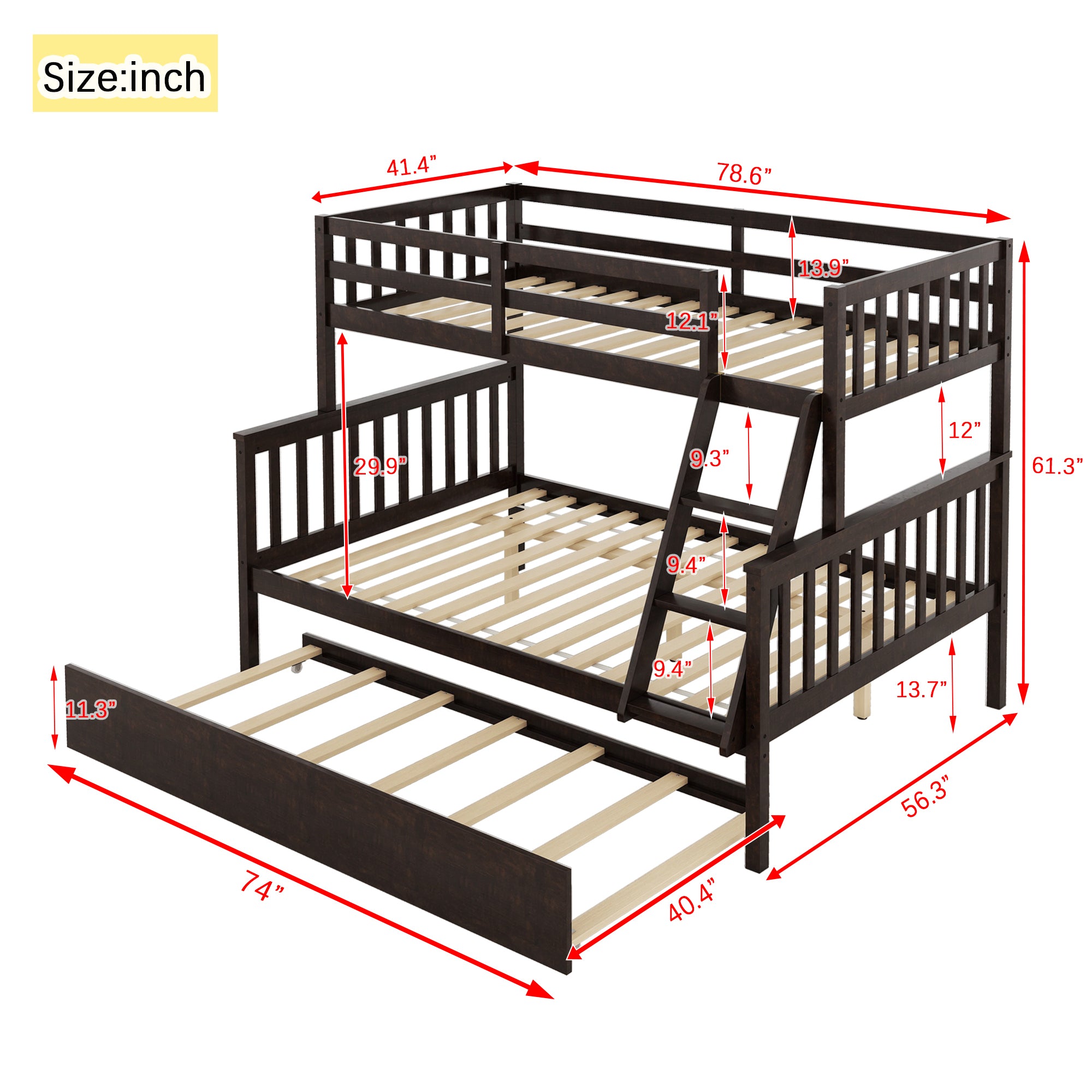 Espresso Twin Over Full Rubber Wood Bunk Bed with Trundle and Detachable Design