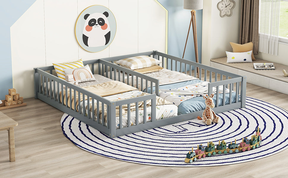 Gray Double Twin Toddler Floor Bed with Fence and Guardrails