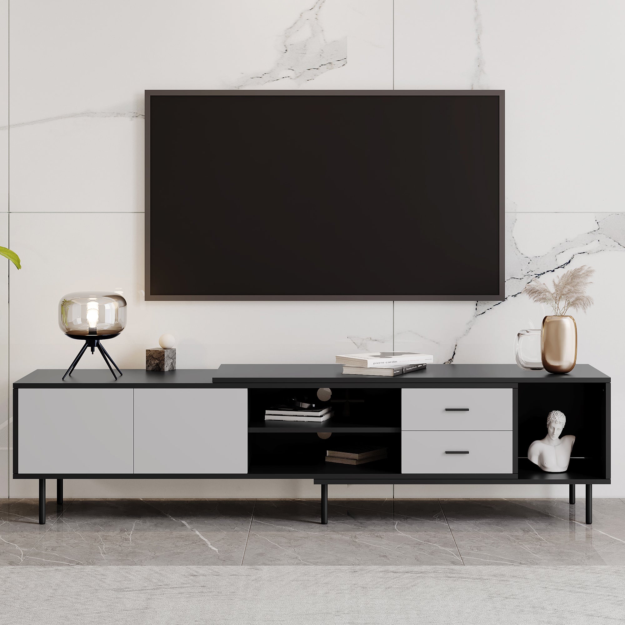 Modern TV Stand for 80 Inch TV with 2 Doors and Large Storage Cabinet In Black and Grey