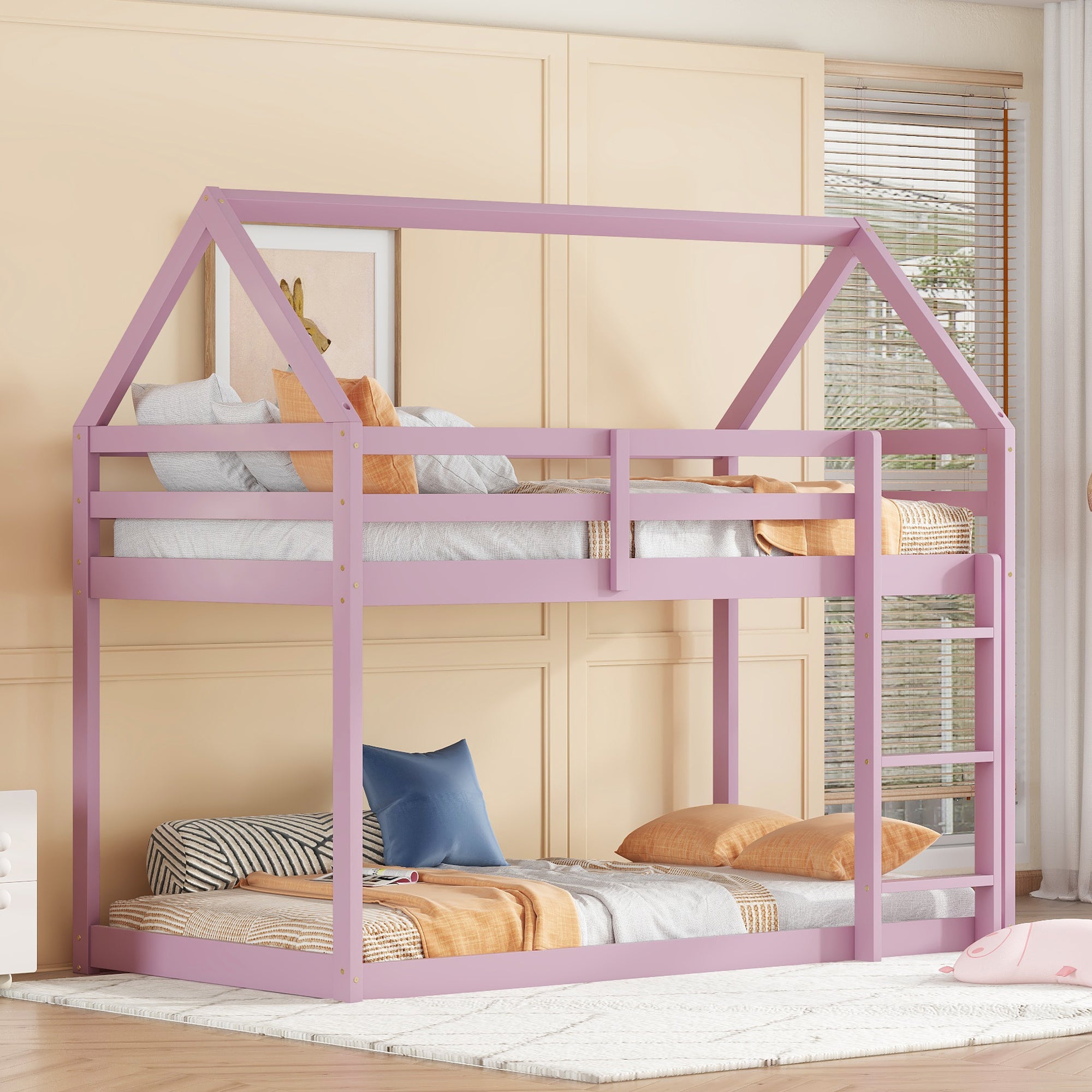 Twin Over Twin Pink House-Shaped Floor Bunk Bed with Ladder and Guardrails