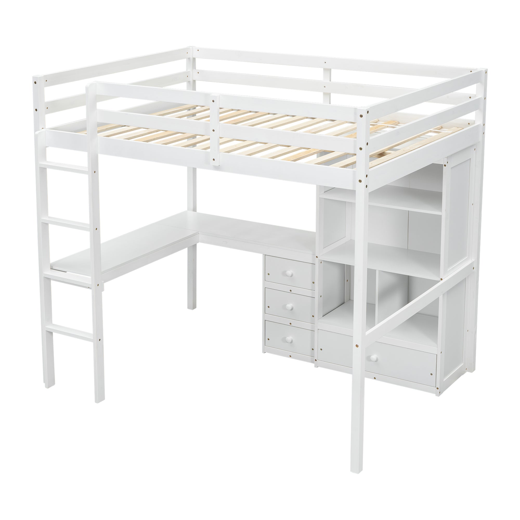 White Full Size Loft Bed with Desk, Storage Shelves, Drawers, and Built-in Ladder