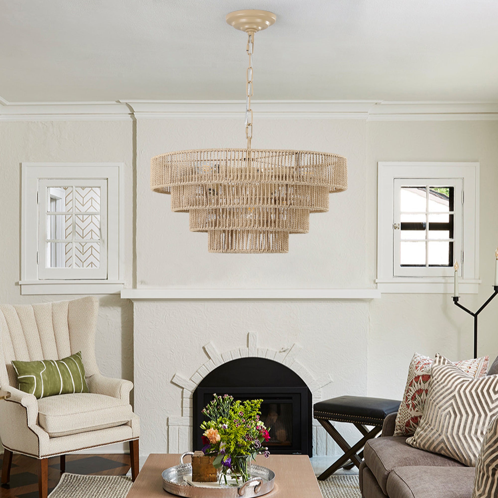 Bohemian Woven Rattan Farmhouse Chandelier with Adjustable Chain