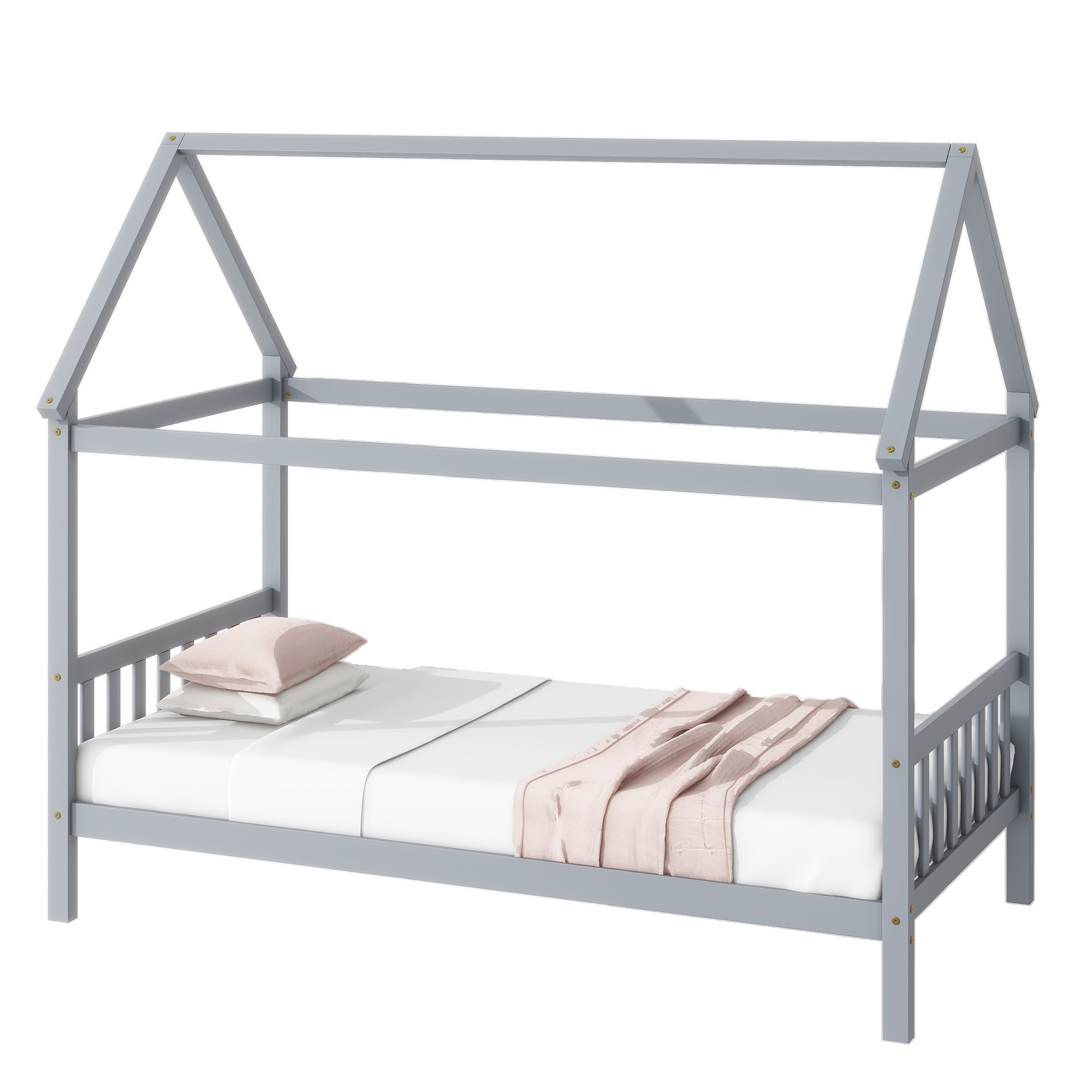 Light Gray Twin House Bed with Headboard and Footboard