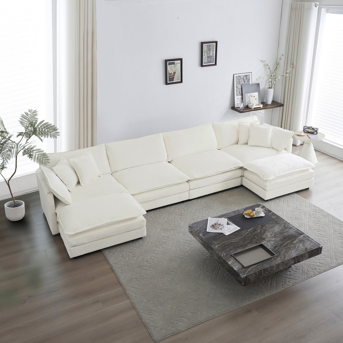 4-Seater Modular Chenille Sofa &amp; Reversible Chaise In Versatile and Comfortable White