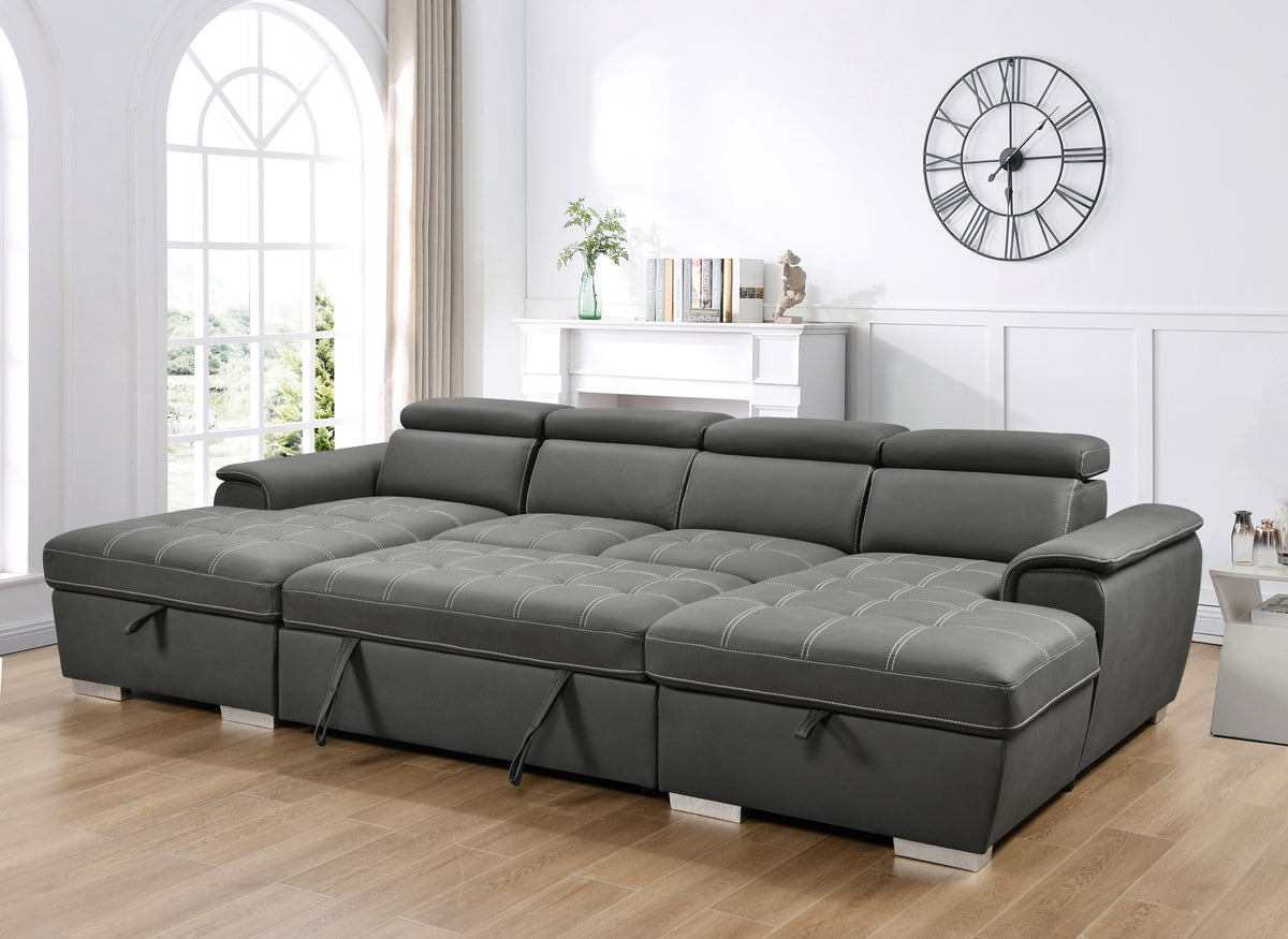 U Shaped Sleeper Sofa with Pull Out Bed and Storage In Charcoal Grey