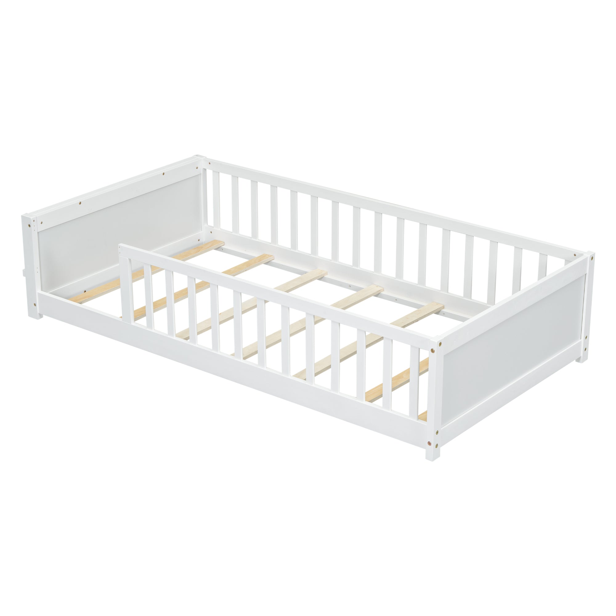 White Twin Toddler Floor Platform Bed with Built-in Book Storage Rack