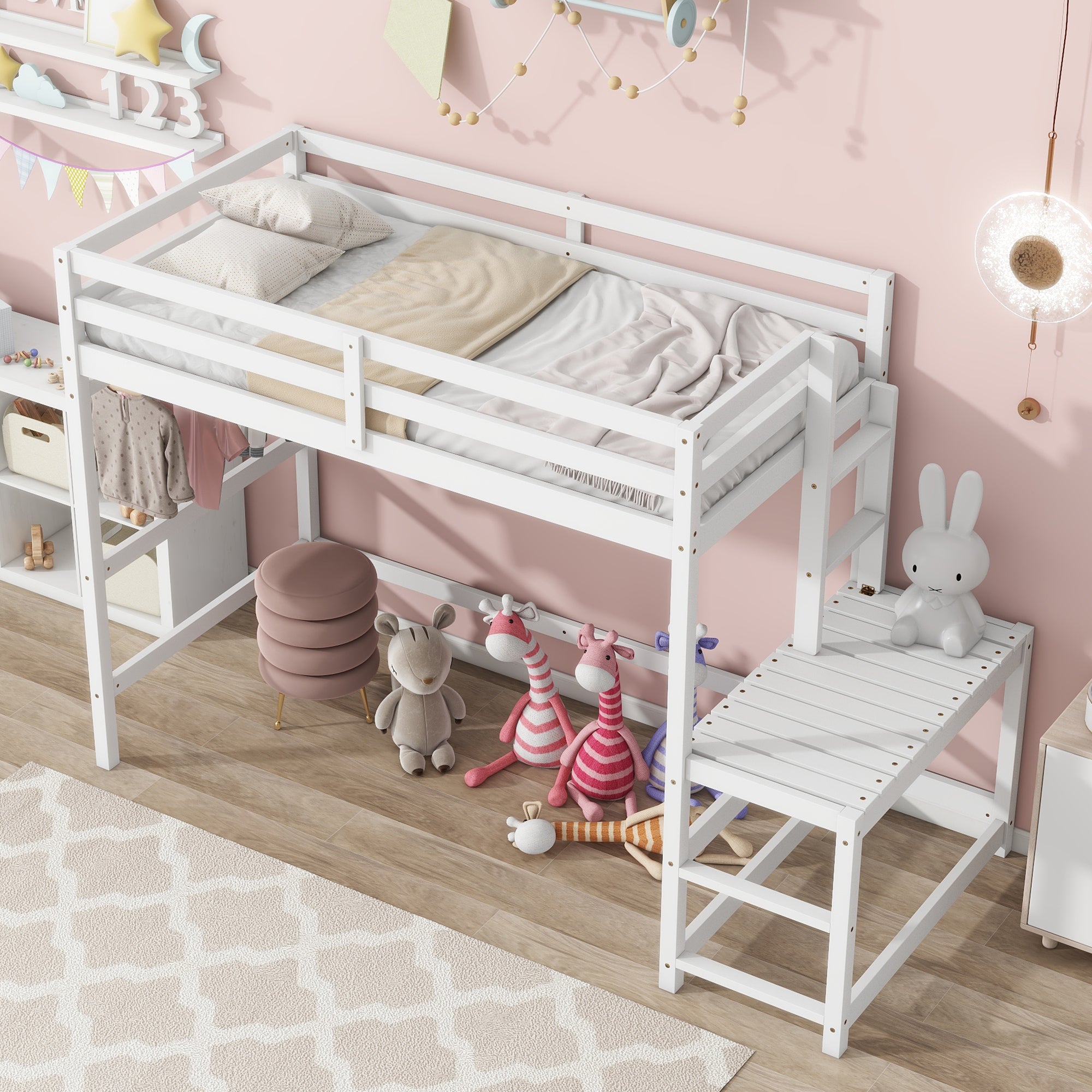 White Twin High Loft Bed with Ladder Landing Platform, Ladders, and Guardrails