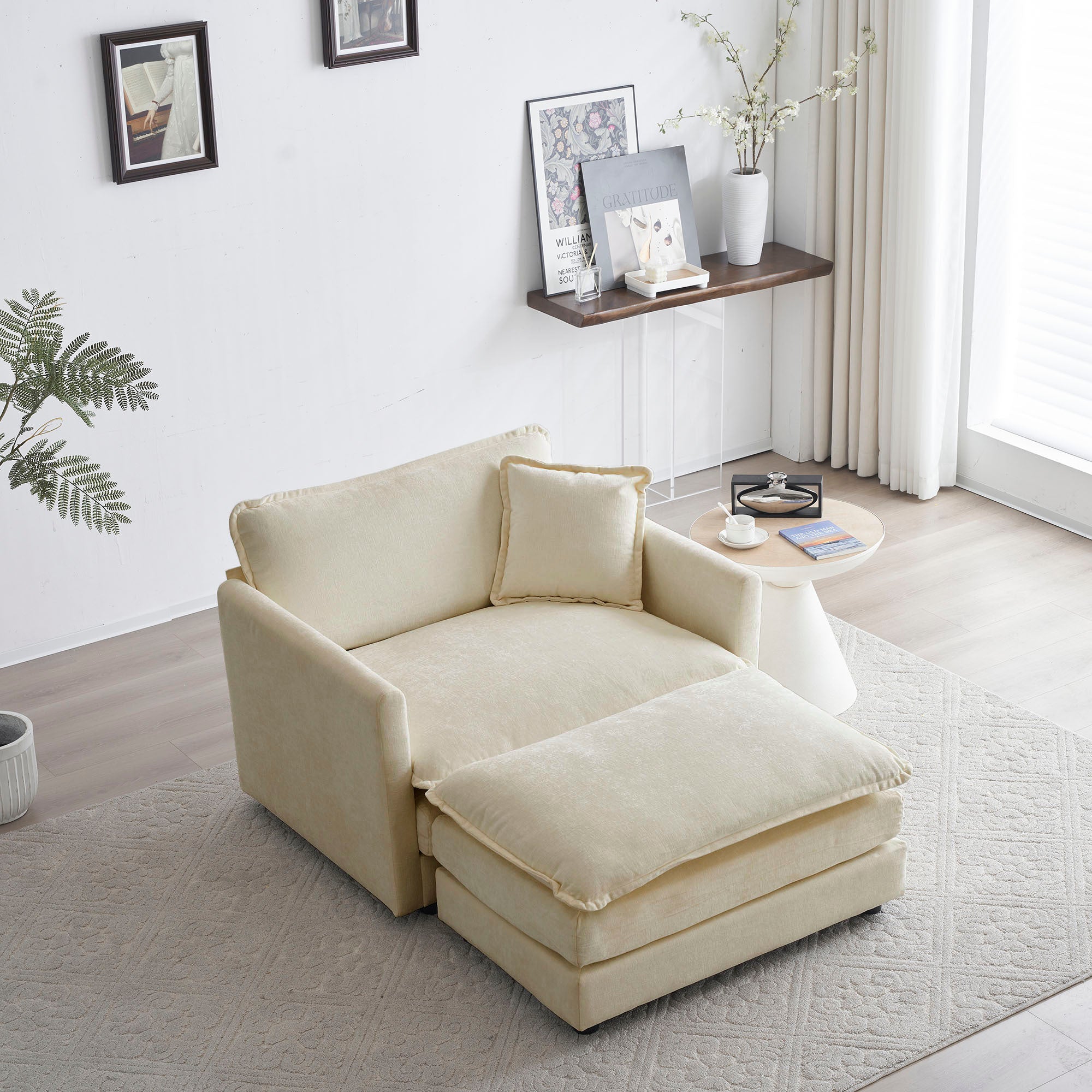 Modern Accent Chair with Ottoman - Beige Chenille Upholstered Living Room Club Chair