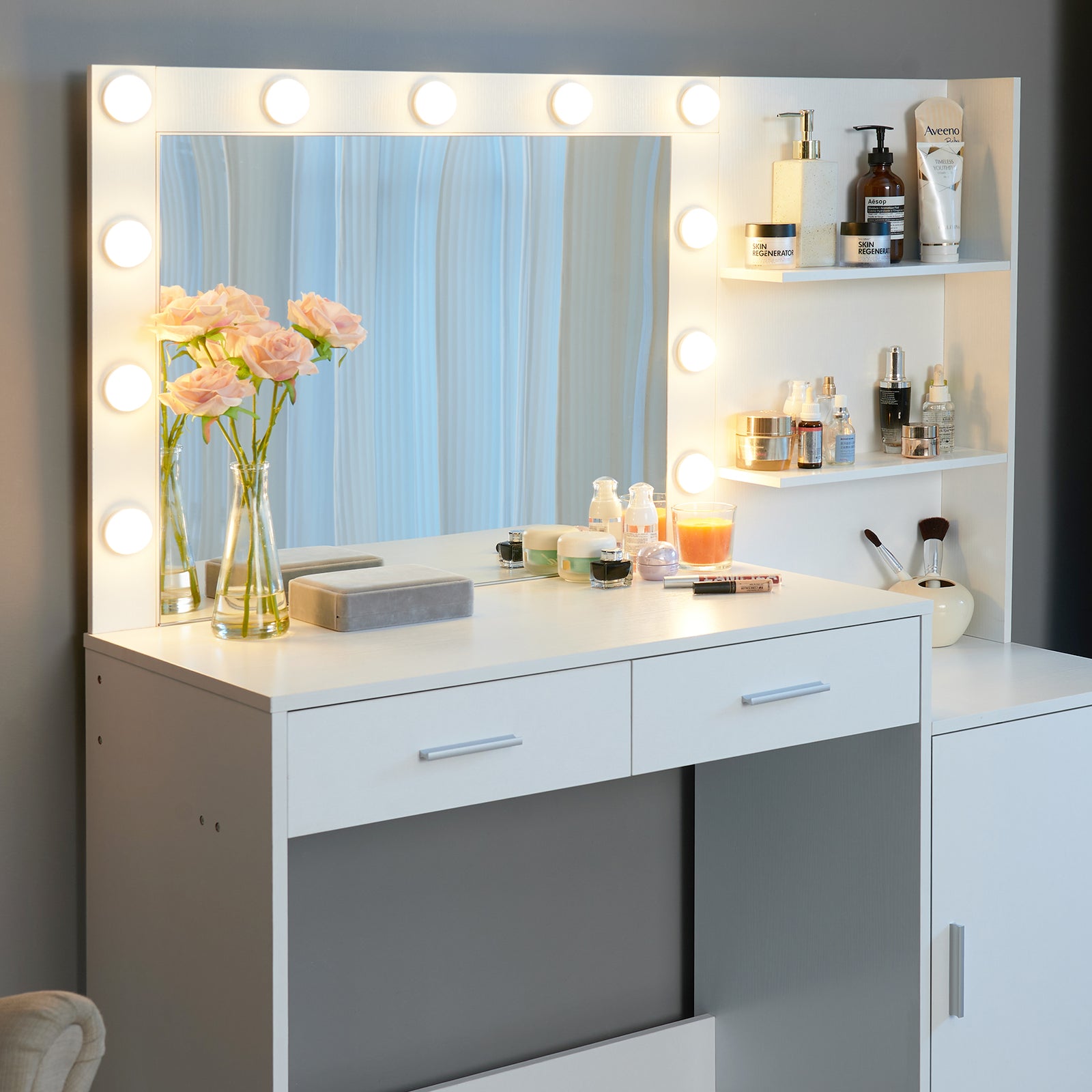 THE FURNITURE CO. Vanity Default Vanity Desk with Mirror and Lights, 46.4IN Dressing Table with 2 Large Drawers and 3 Adjustable Brightness Modes In White