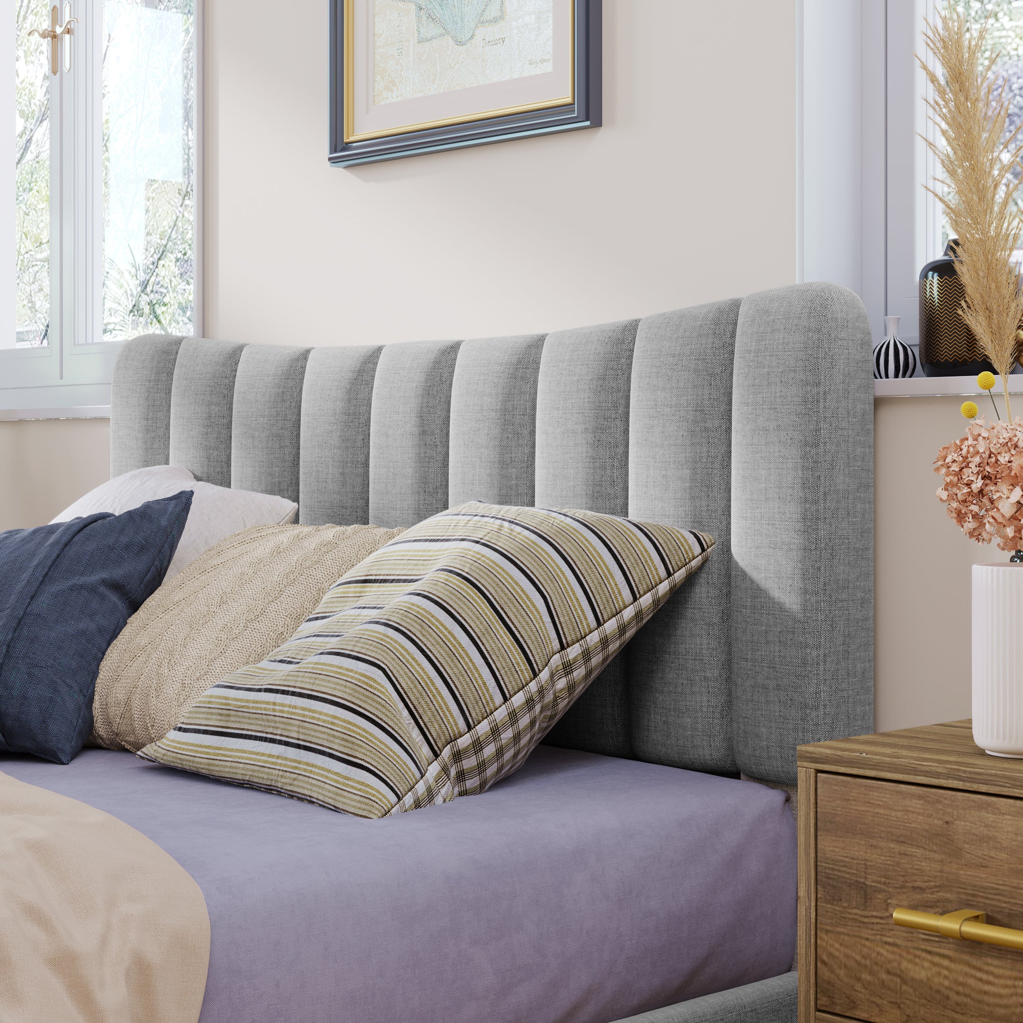 Gray Full Linen Upholstered Bed with Channel Tufting