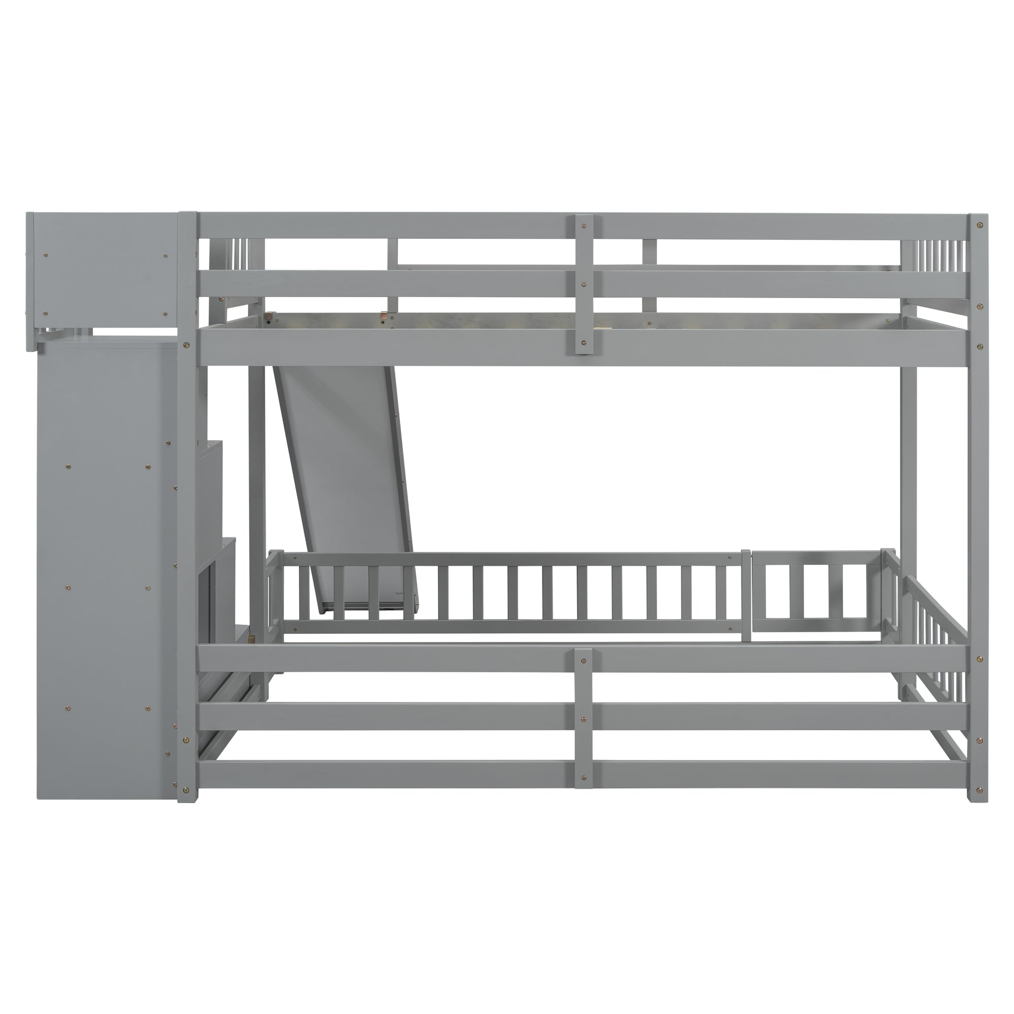 Twin Over Full Bunk Bed with Slide and Storage Staircase