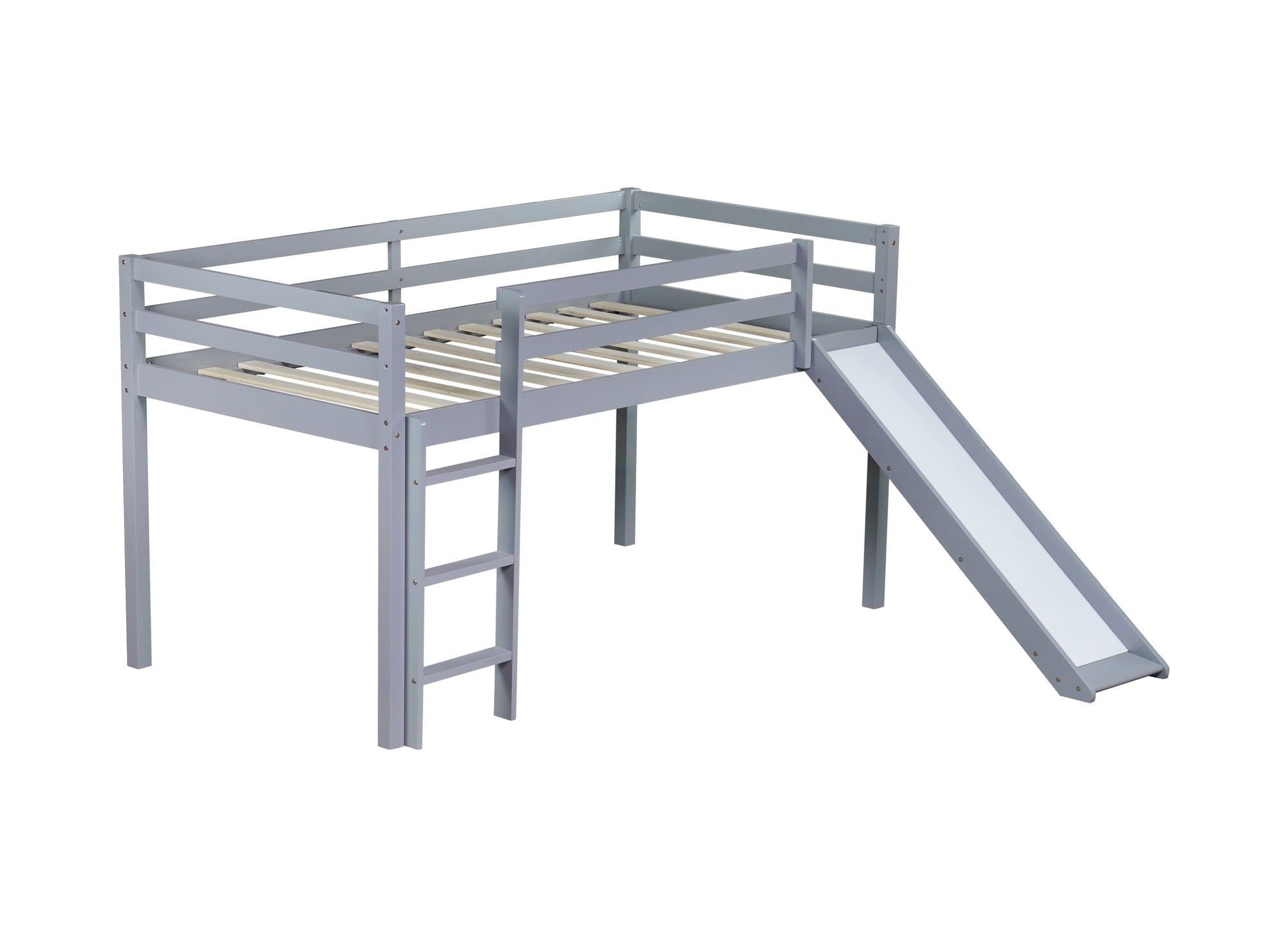 Gray Twin Low Loft Bed with Slide, Ladder, and Guardrails