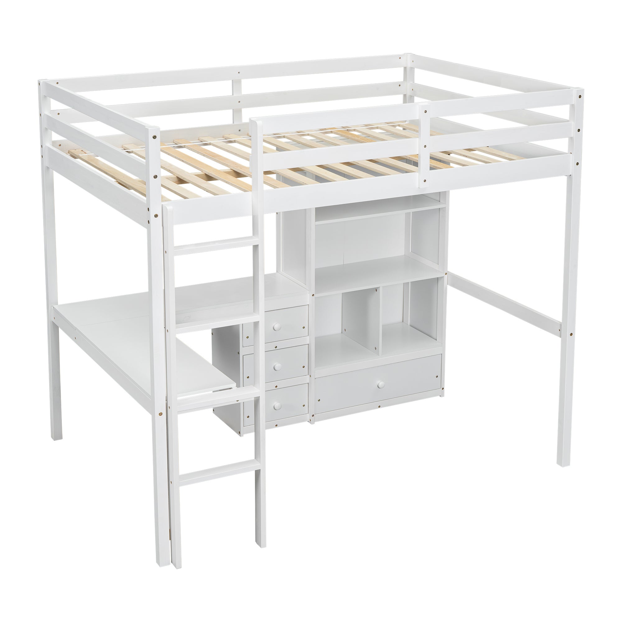 White Full Size Loft Bed with Desk, Storage Shelves, Drawers, and Built-in Ladder