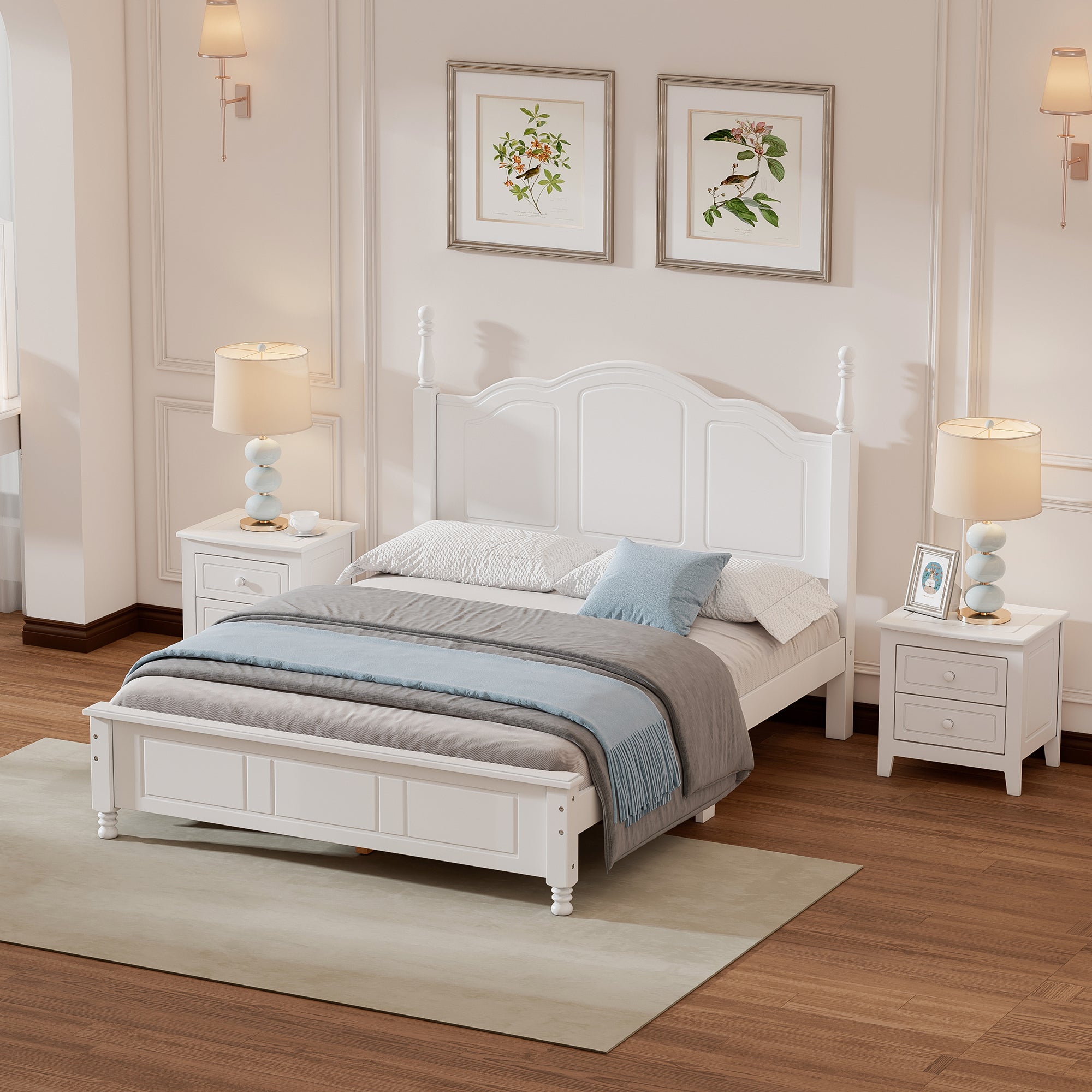 3-Pieces Bedroom Sets with Full Size Wood Platform Bed and Nightstands In White