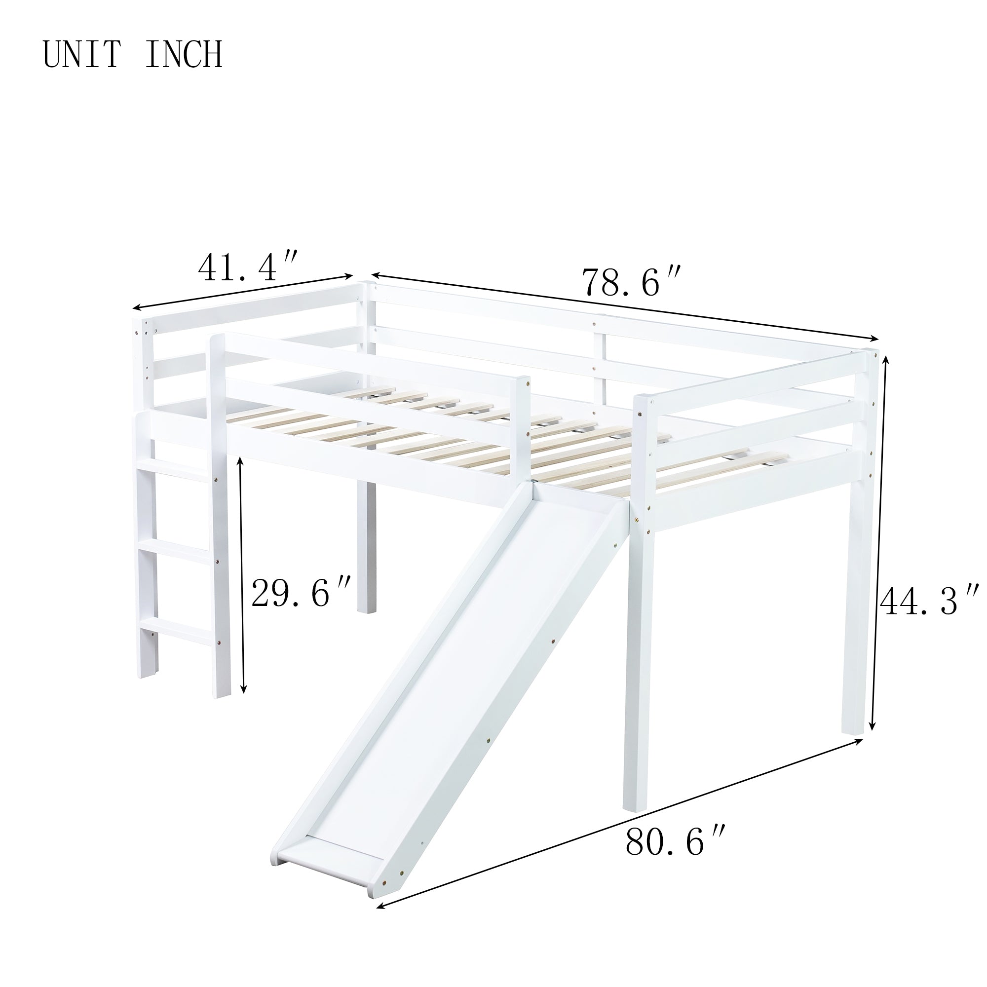 White Twin Low Loft Bed with Slide, Ladder, and Guardrails