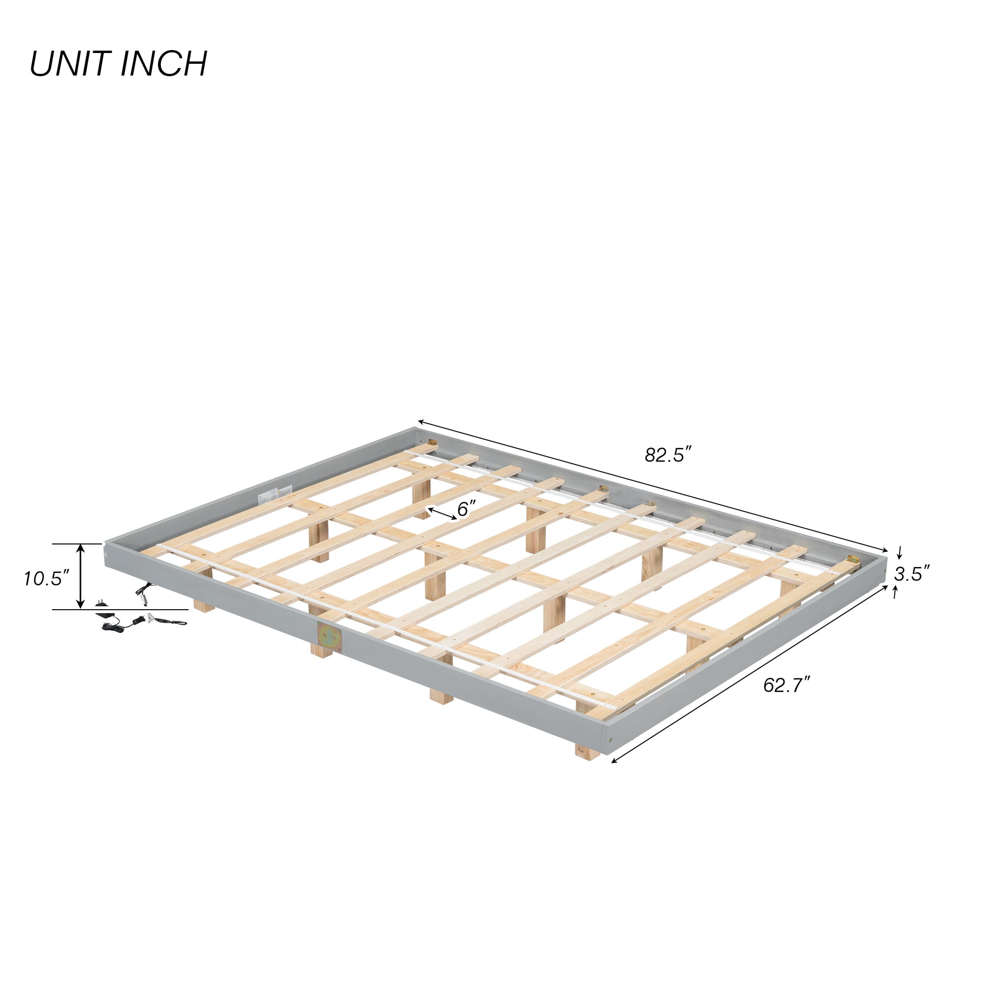 Gray Queen Size Floating Bed with LED Lights Underneath