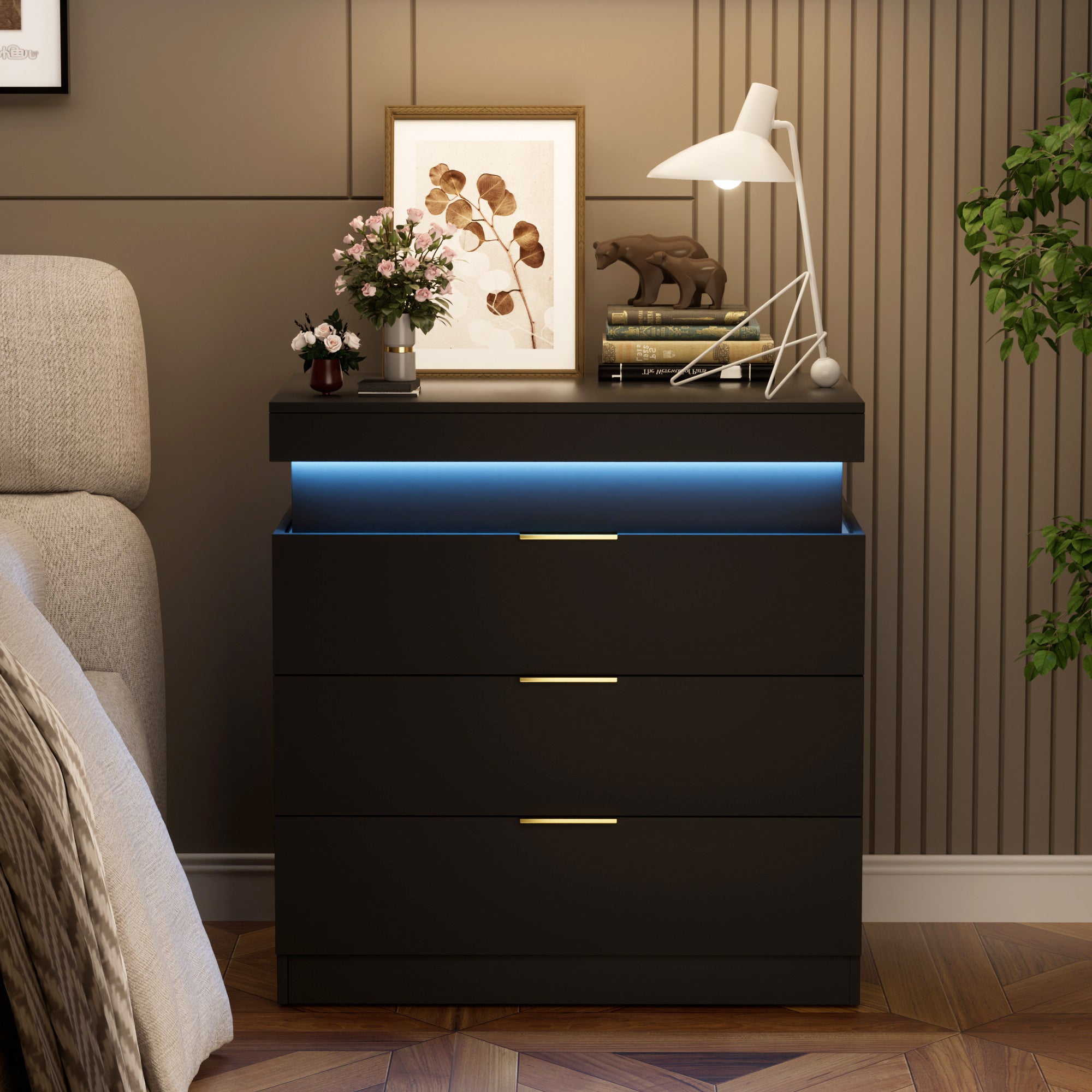 Nightstand with Charging Station and LED Lights Sliding Top with Drawers Modern End Table In Black