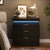 Nightstand with Charging Station and LED Lights Sliding Top with Drawers Modern End Table In Black