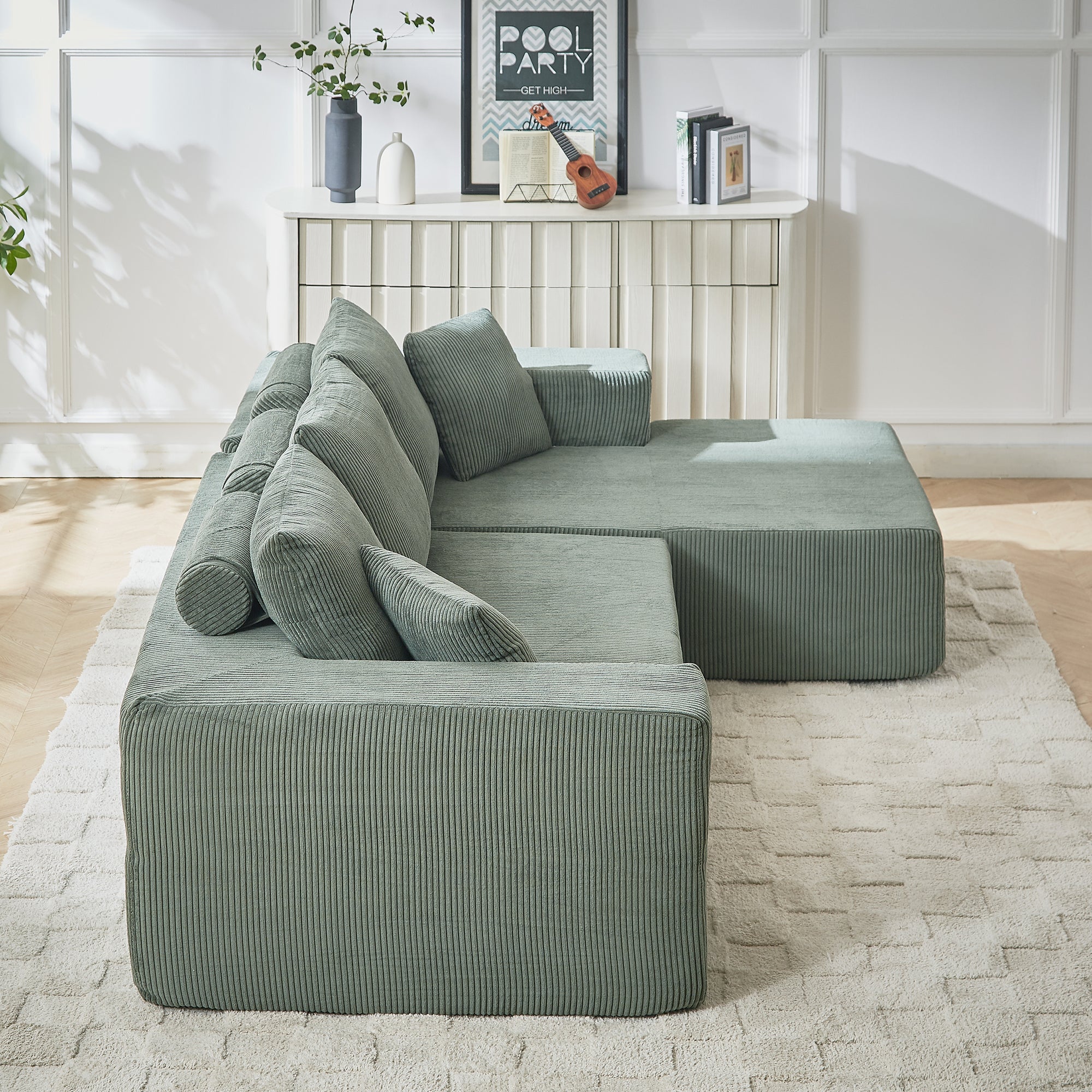 3-Seater Modular Corduroy Sofa In Green Flexible Configuration