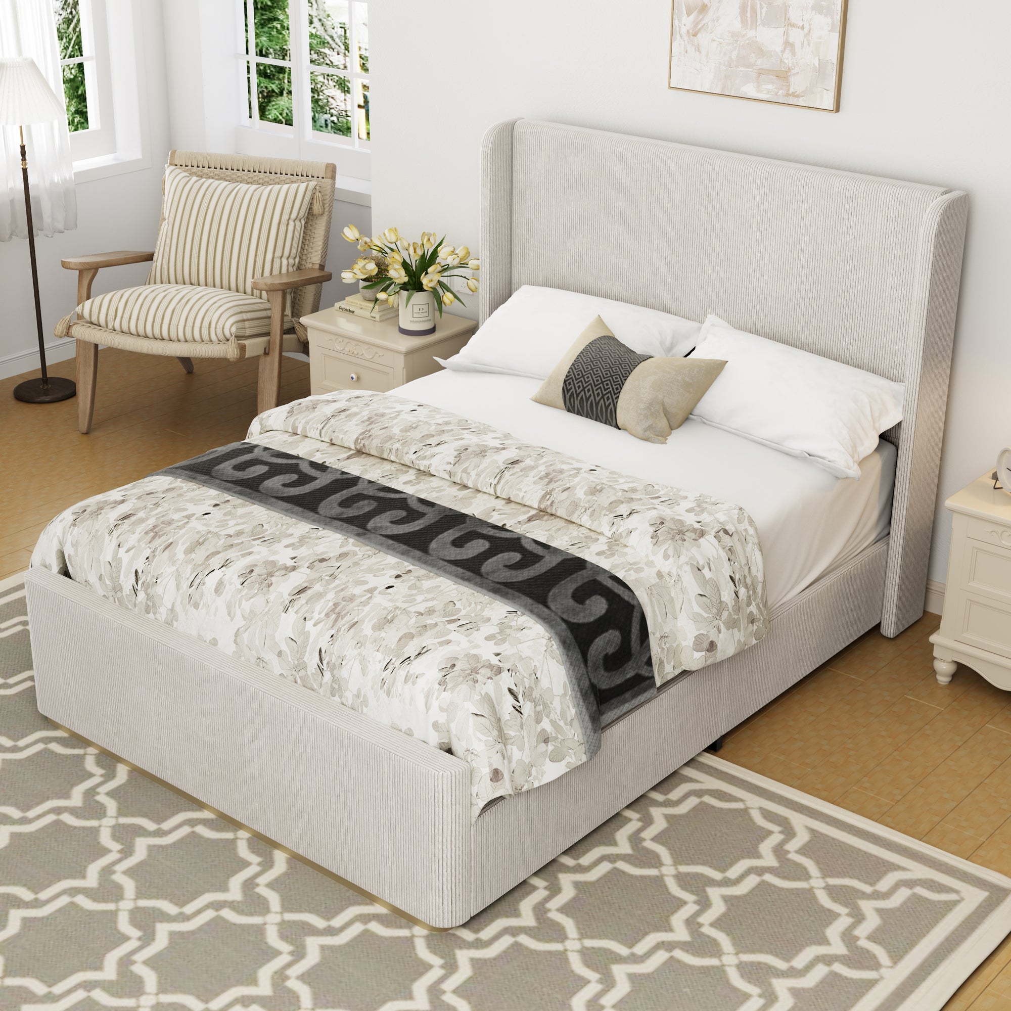 King Sized Upholstered Corduroy Bed in Light Gray