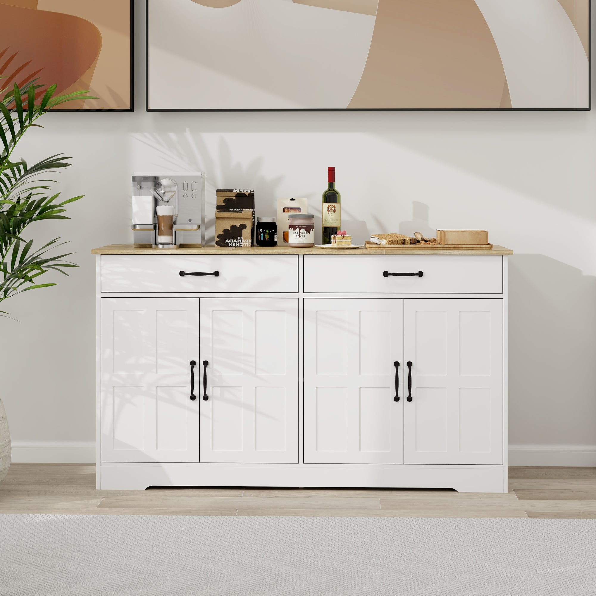 Large Farmhouse Buffet Cabinet Storage Sideboard with 2 Drawers and 4 Doors for Dining Living Room Kitchen in White