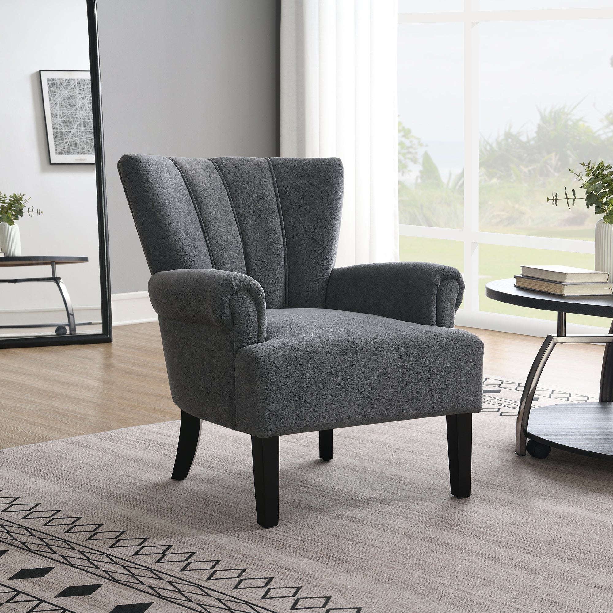 Modern Accent Living Room Chairs - Dark Grey Polyester Armchair Club Chair with Channel Back, Soft Fabric, Wooden Legs