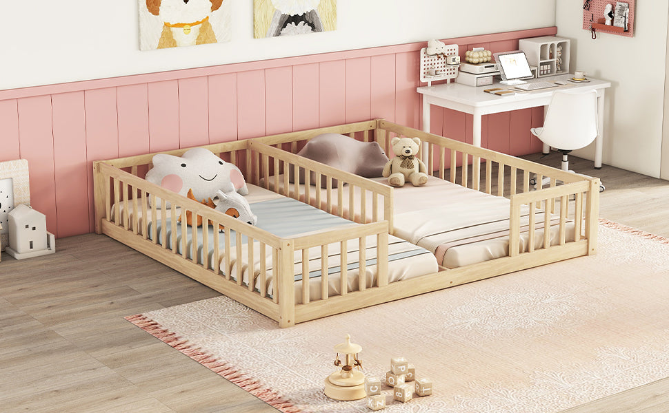 Double Twin Toddler Floor Bed with Fence and Guardrails in Natural Tones