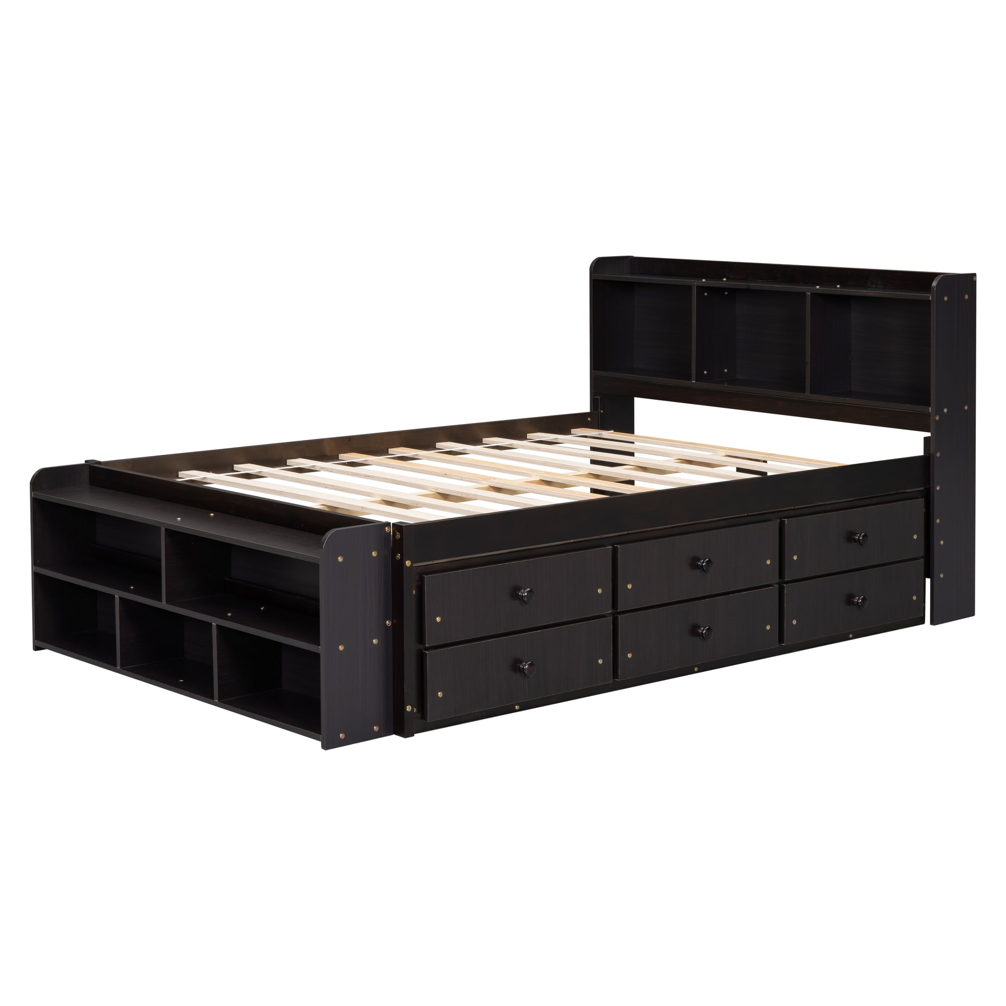 Full Bed with Bookcase Headboard, Under-Bed Storage Drawers & Bed-End Storage Case in Espresso