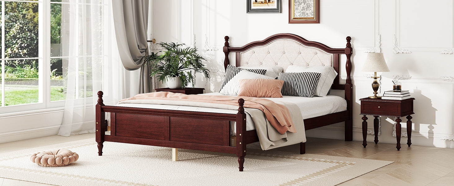 Classic Queen Size Pine Wood Bed with Upholstered Headboard