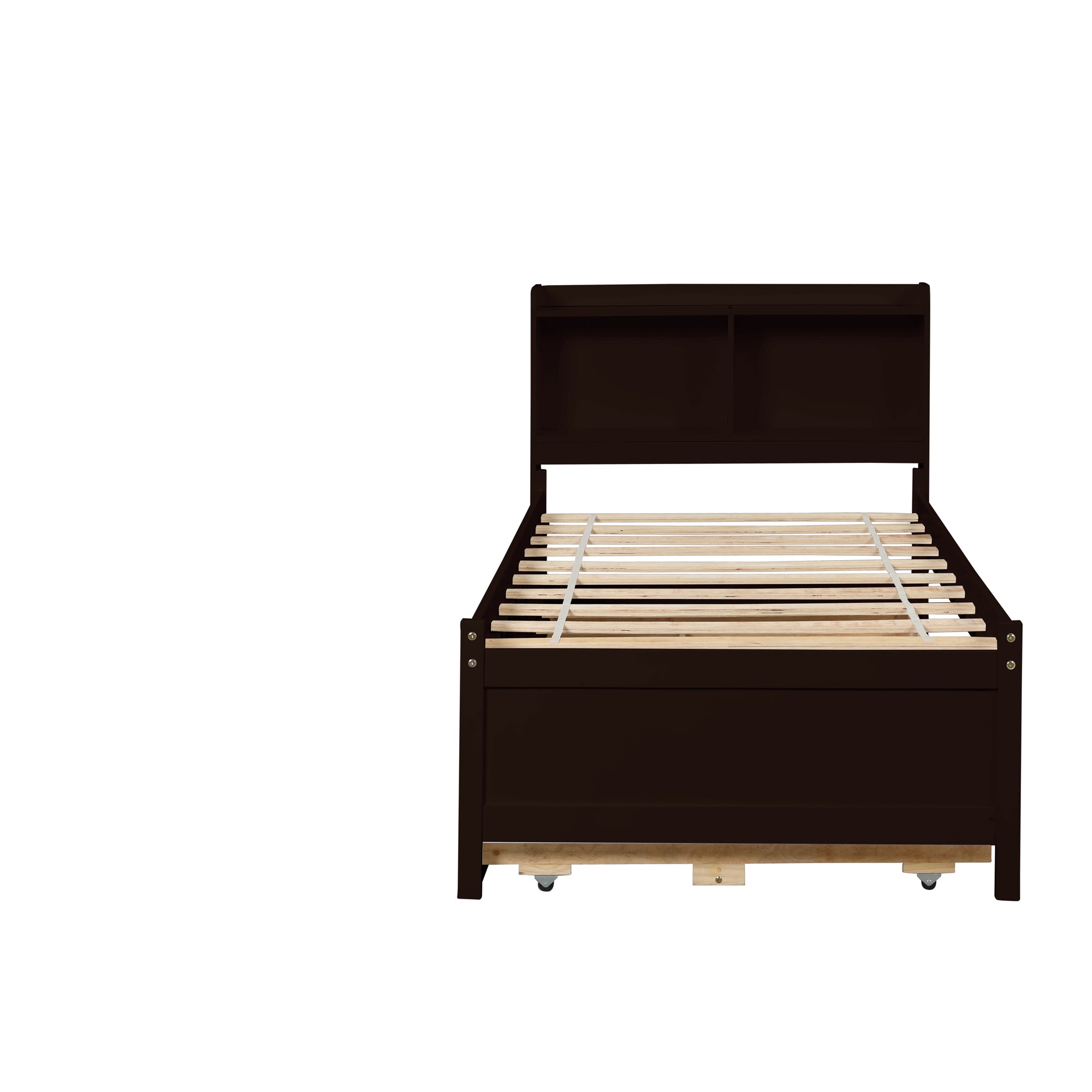 Twin Size Bed with Storage Integrated Headboard, Trundle & Drawers in Espresso