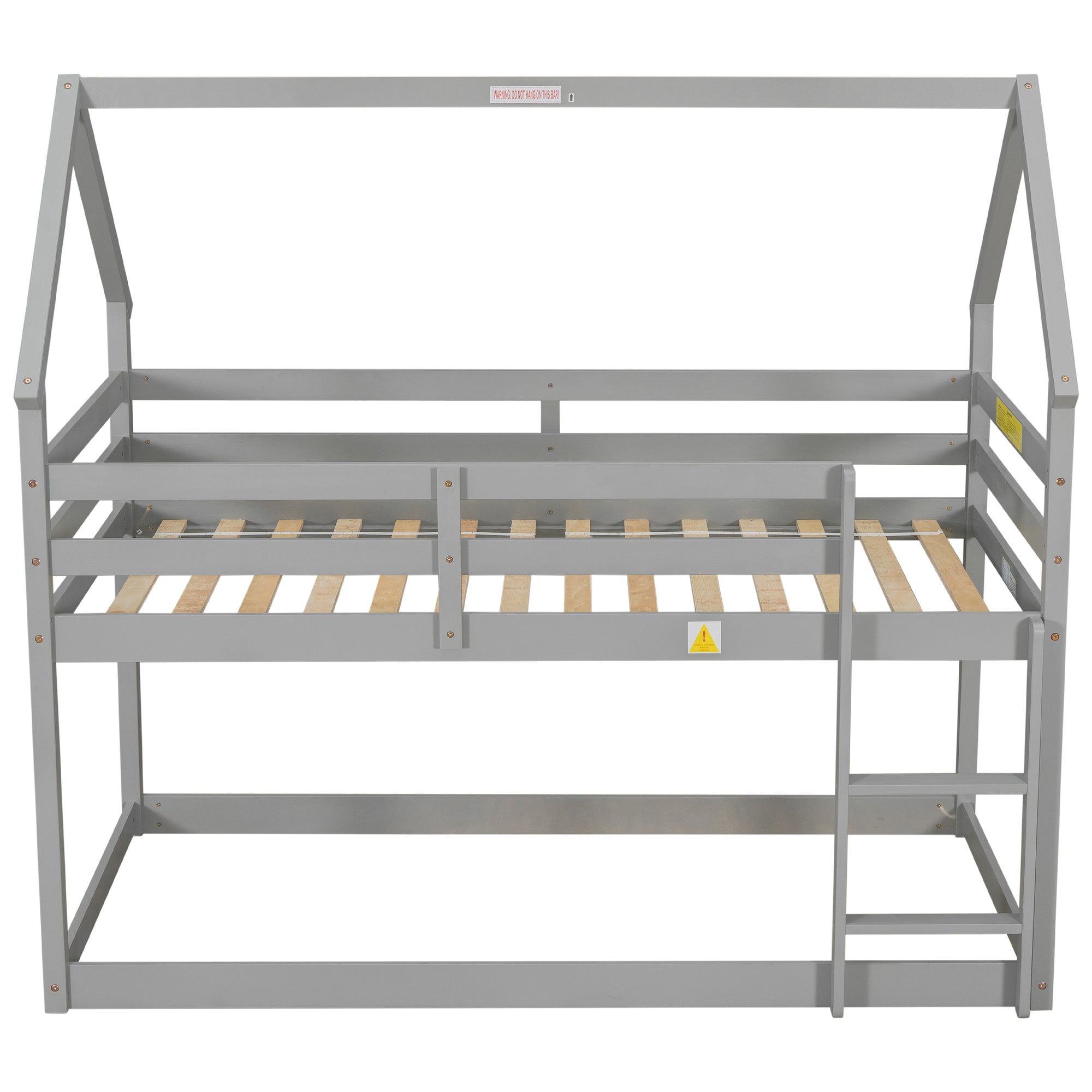 Twin over Twin Bunk Bed with Wood House Roof in Gray