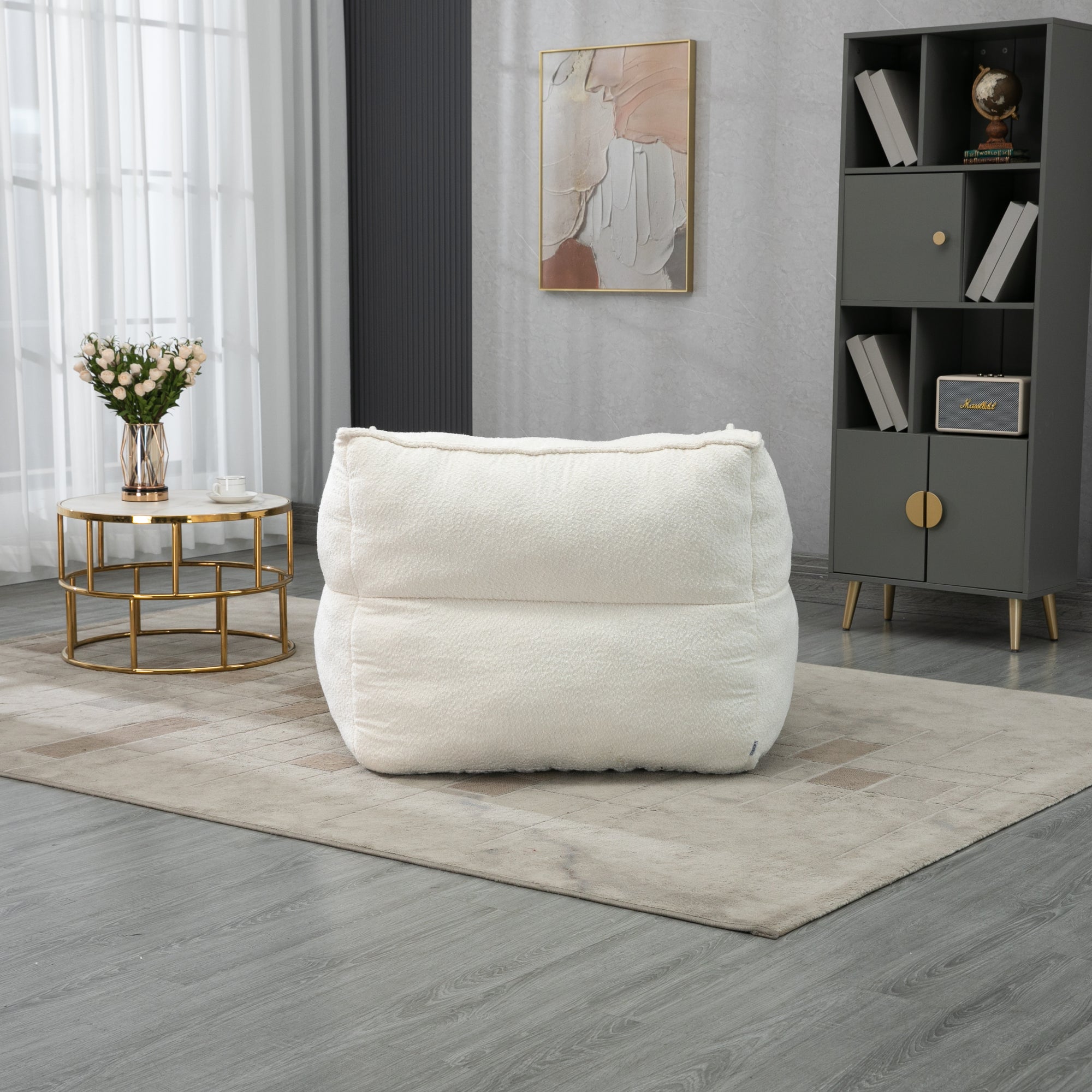 Modern High-Back  Beige Boucle Bean Bag Chair